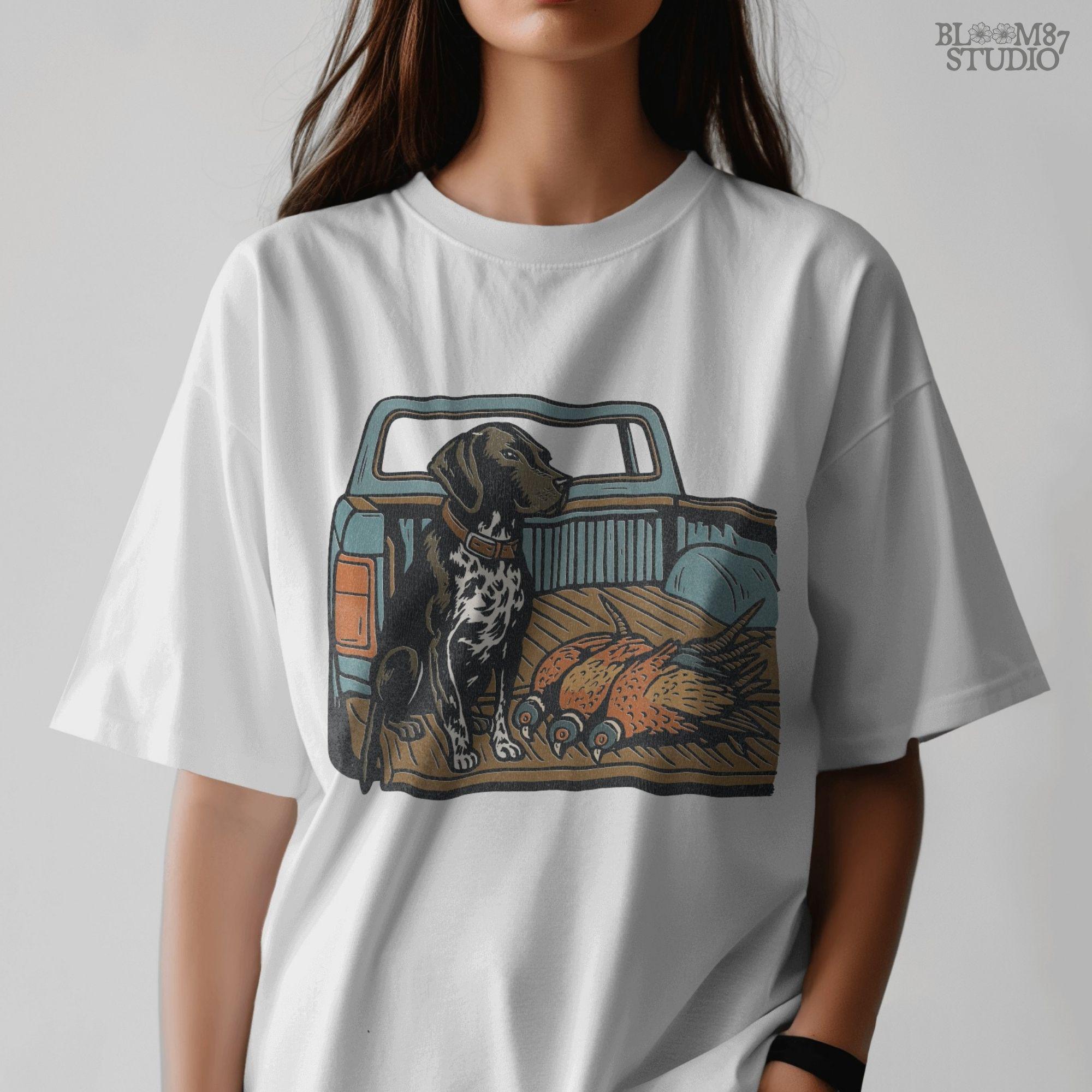 Illustration of a German Shorthaired Pointer hunting dog sitting in a pickup truck with three pheasants, sublimation PNG design.