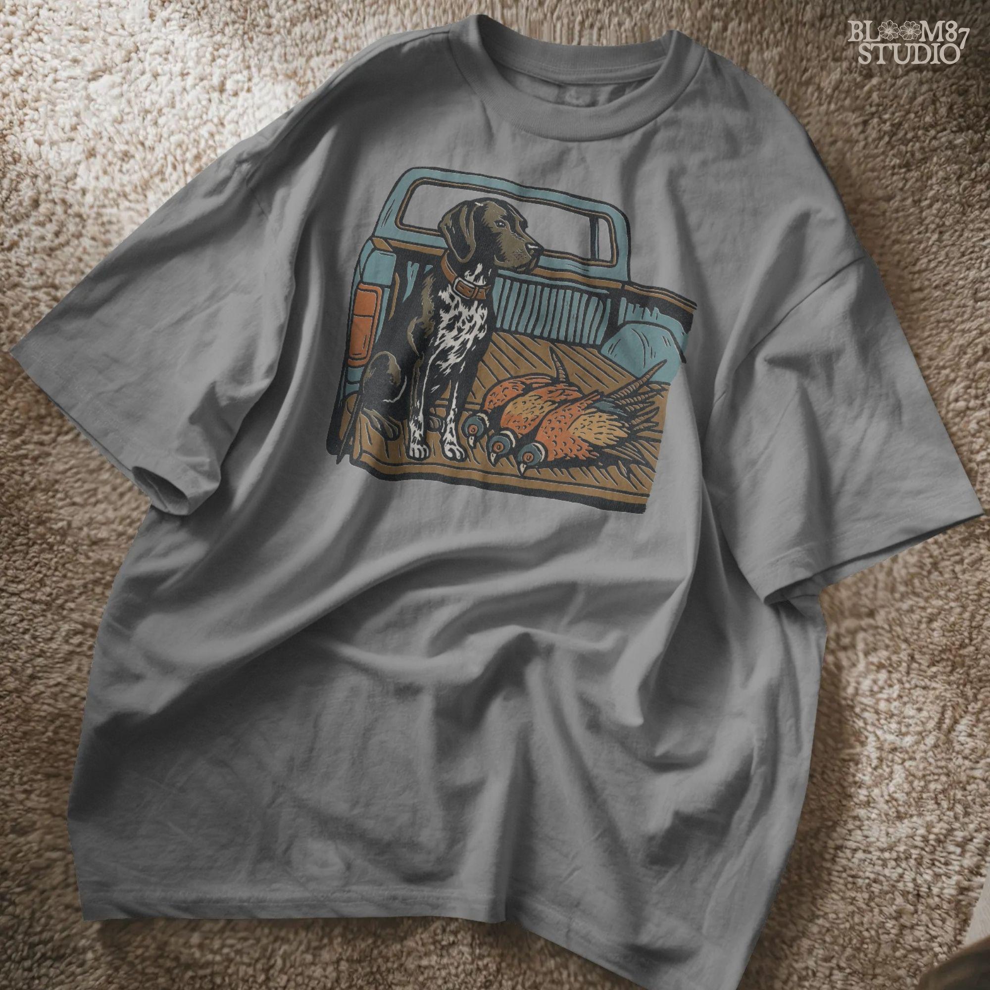 Illustration of a German Shorthaired Pointer hunting dog sitting in a pickup truck with three pheasants, sublimation PNG design.