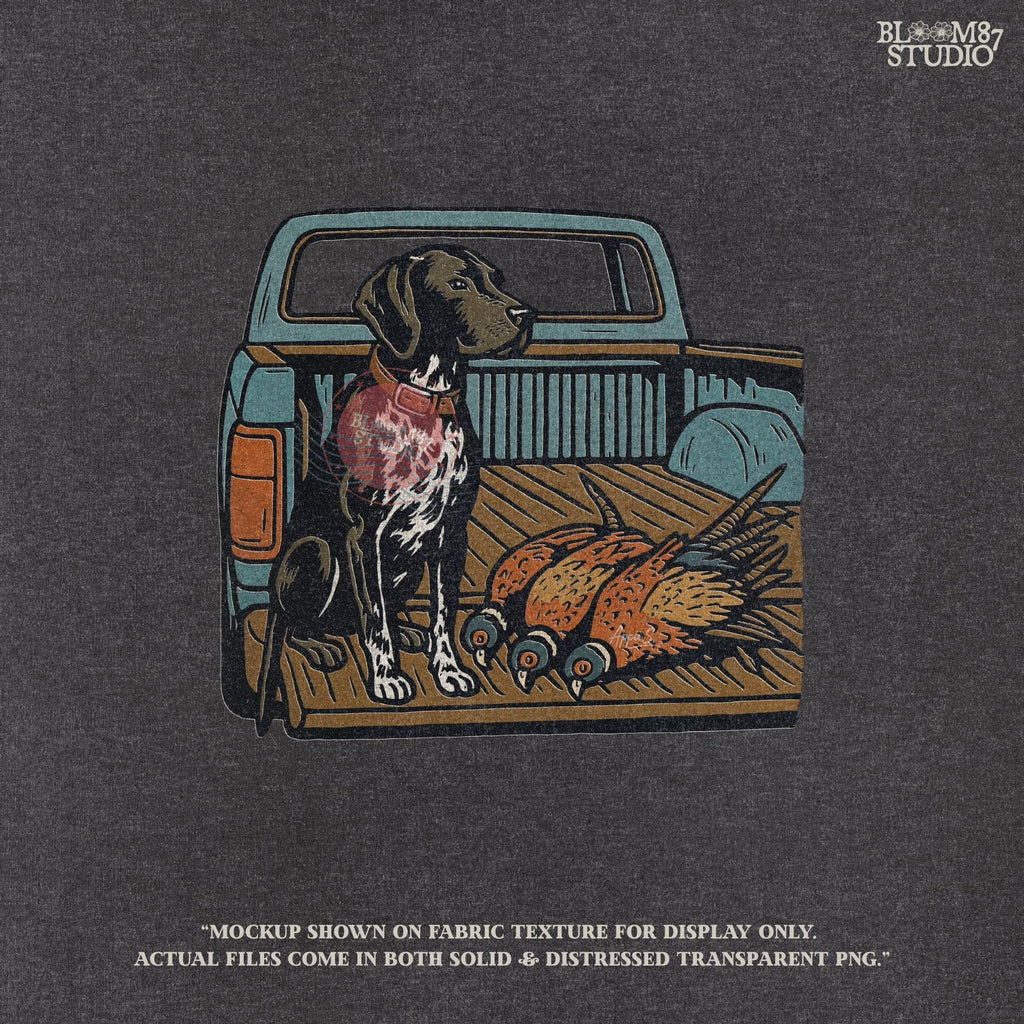 Illustration of a German Shorthaired Pointer hunting dog sitting in a pickup truck with three pheasants, sublimation PNG design.