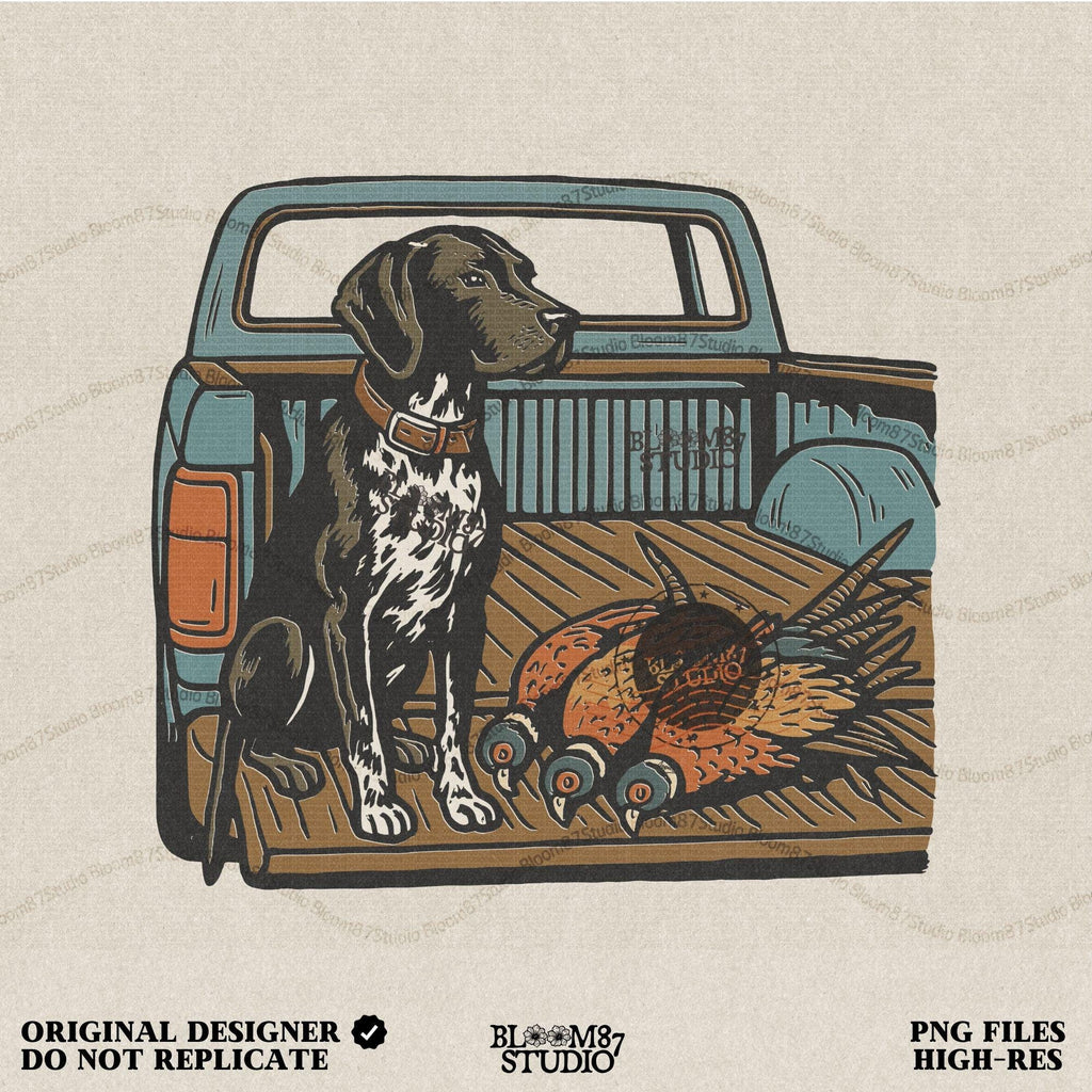 Illustration of a German Shorthaired Pointer hunting dog sitting in a pickup truck with three pheasants, sublimation PNG design.