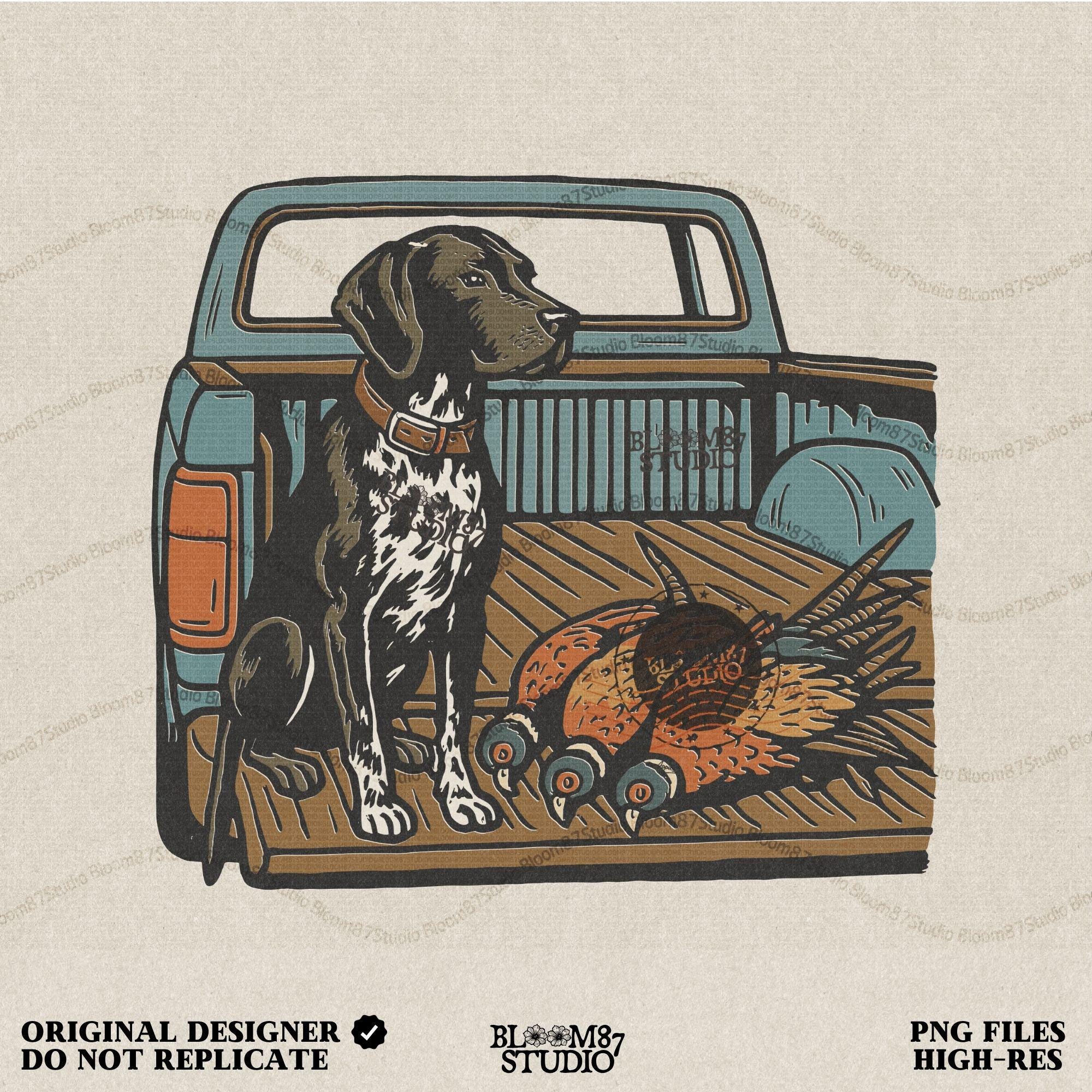 Illustration of a German Shorthaired Pointer hunting dog sitting in a pickup truck with three pheasants, sublimation PNG design.