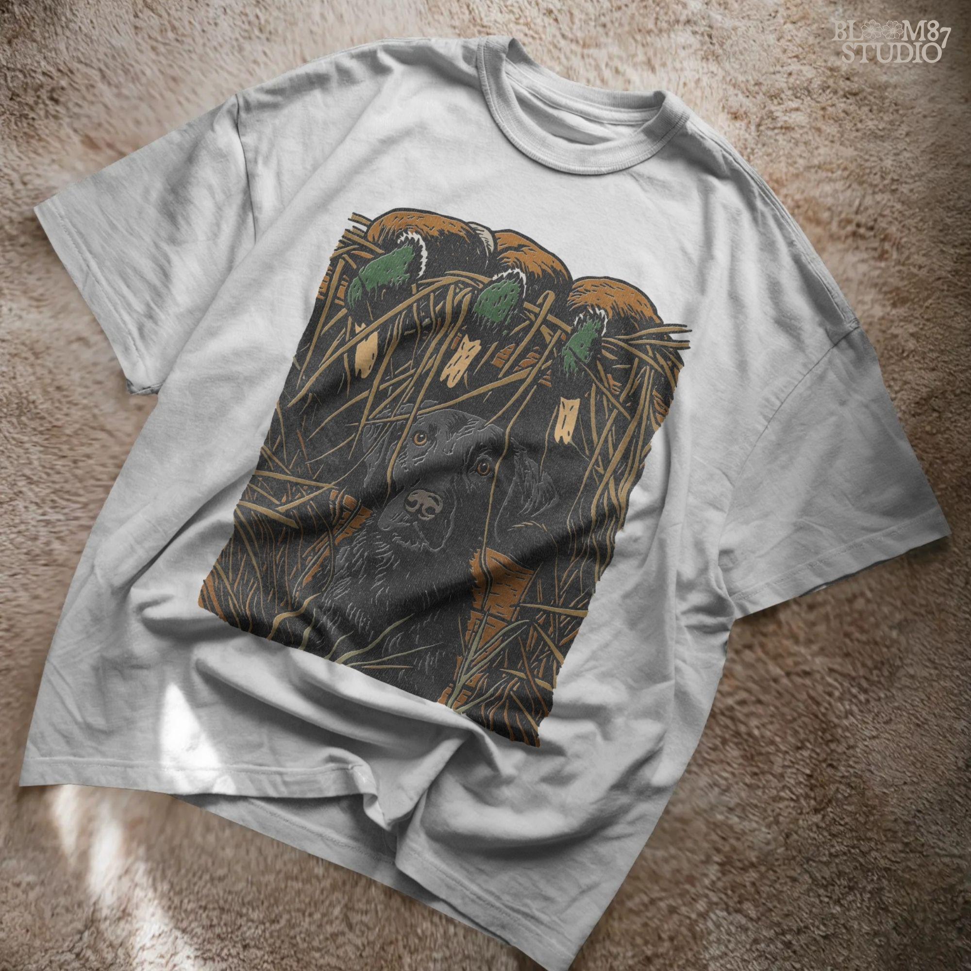 Illustration of a black Labrador retriever sitting in marsh grass beneath three mallard ducks, ideal for duck hunting and lodge décor sublimation designs