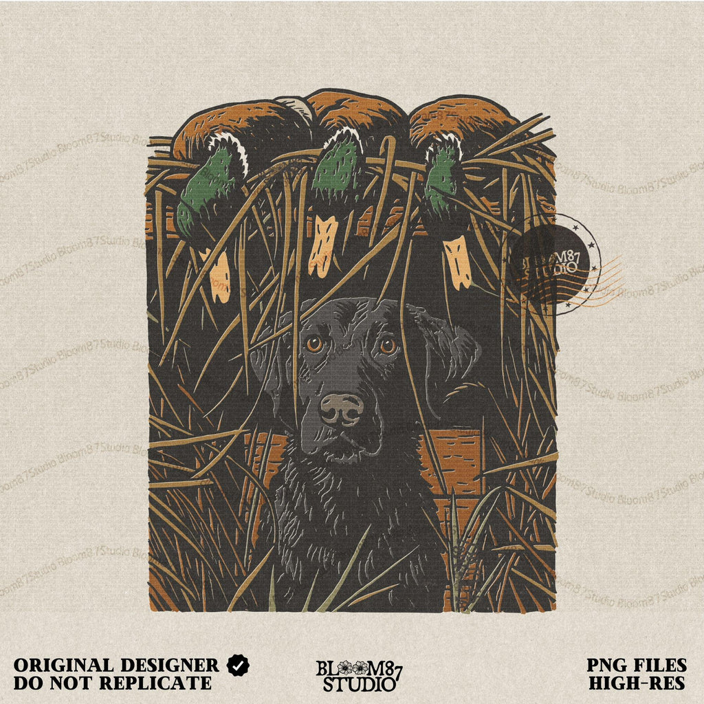 Illustration of a black Labrador retriever sitting in marsh grass beneath three mallard ducks, ideal for duck hunting and lodge décor sublimation designs