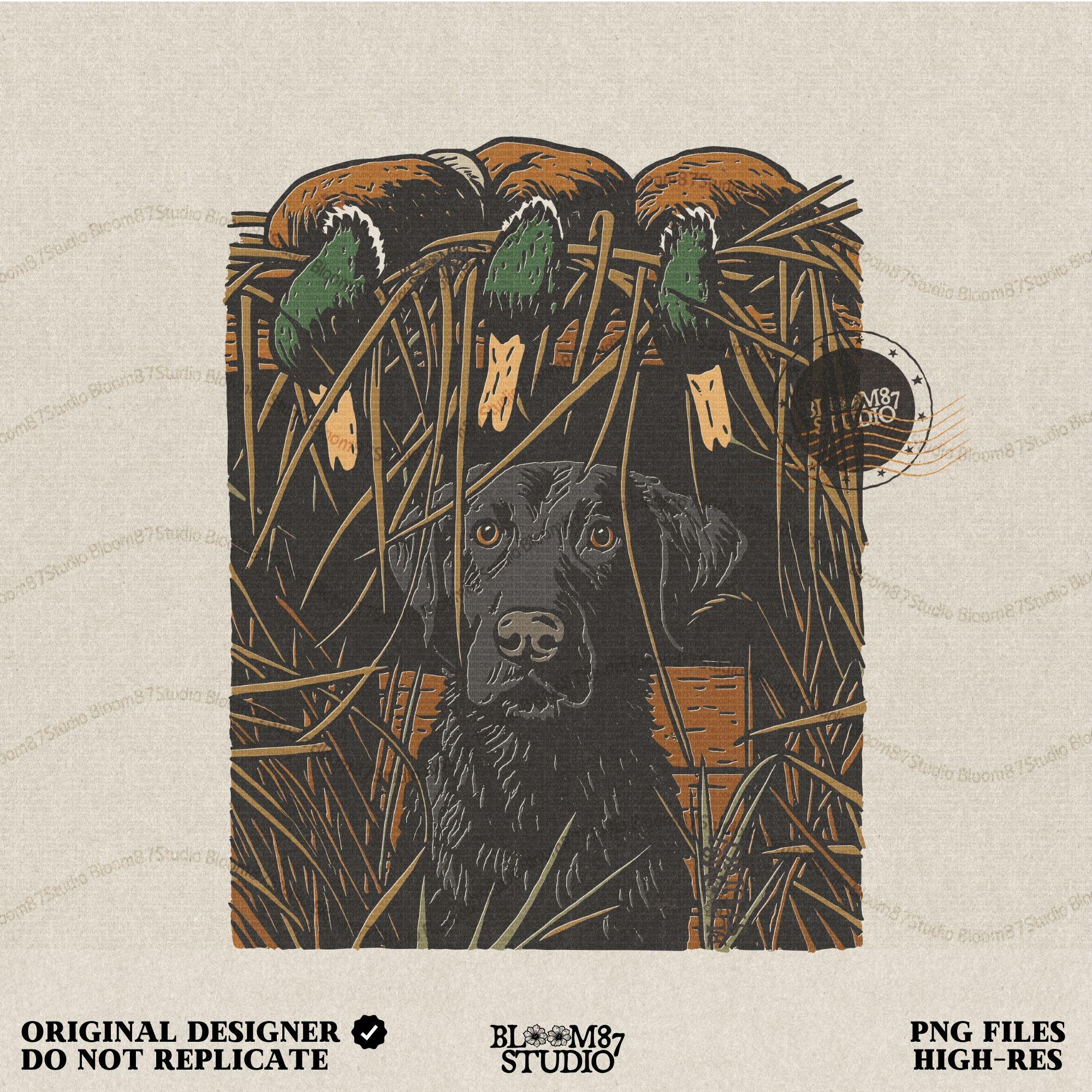 Illustration of a black Labrador retriever sitting in marsh grass beneath three mallard ducks, ideal for duck hunting and lodge décor sublimation designs