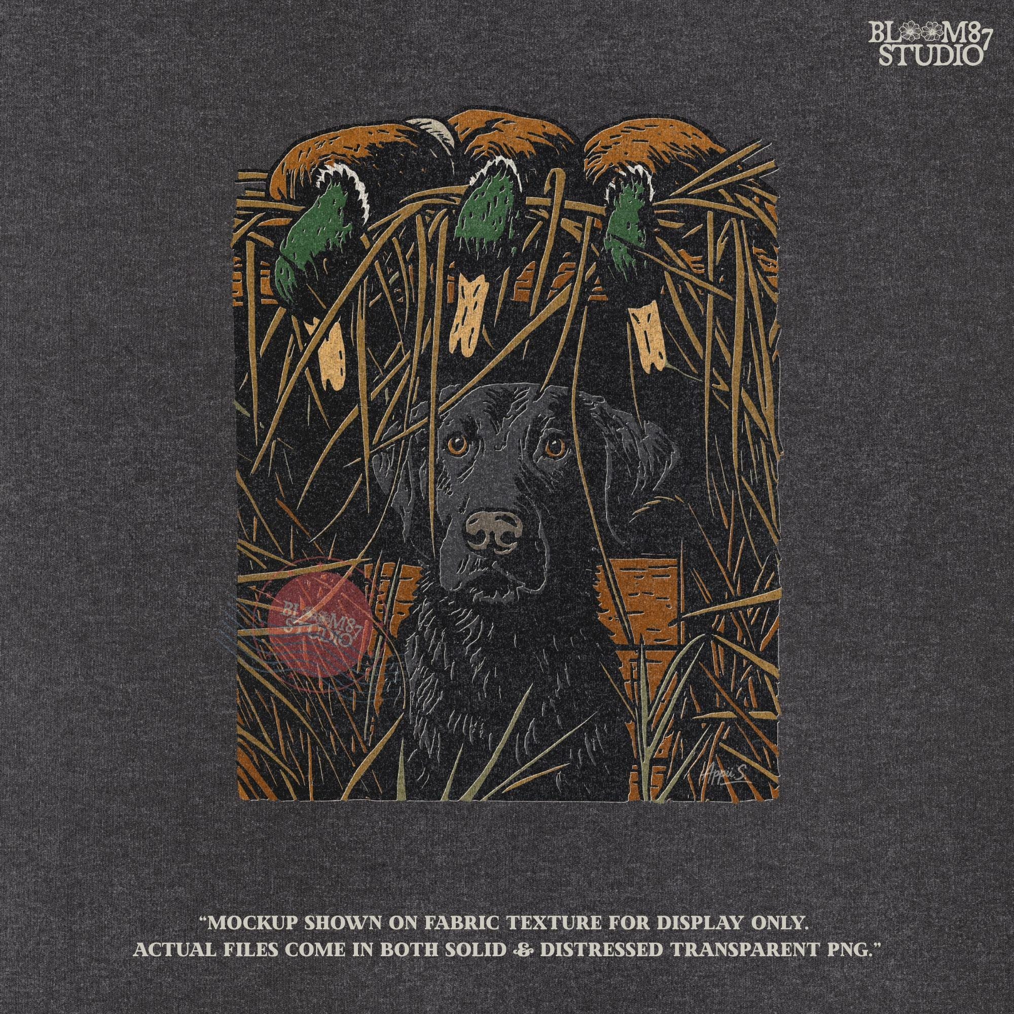 Illustration of a black Labrador retriever sitting in marsh grass beneath three mallard ducks, ideal for duck hunting and lodge décor sublimation designs