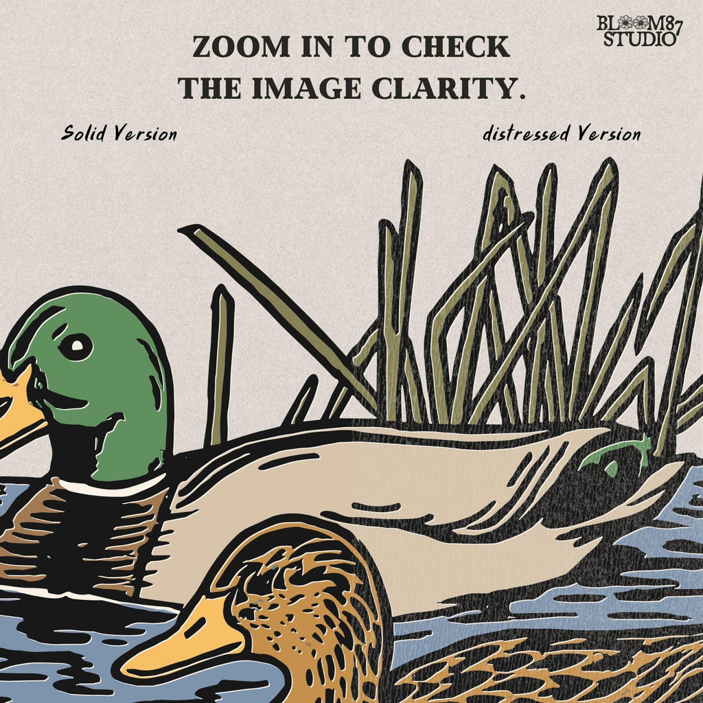Illustration of a male and female mallard duck swimming in marsh water among reeds, ideal for waterfowl hunting and lodge décor sublimation designs