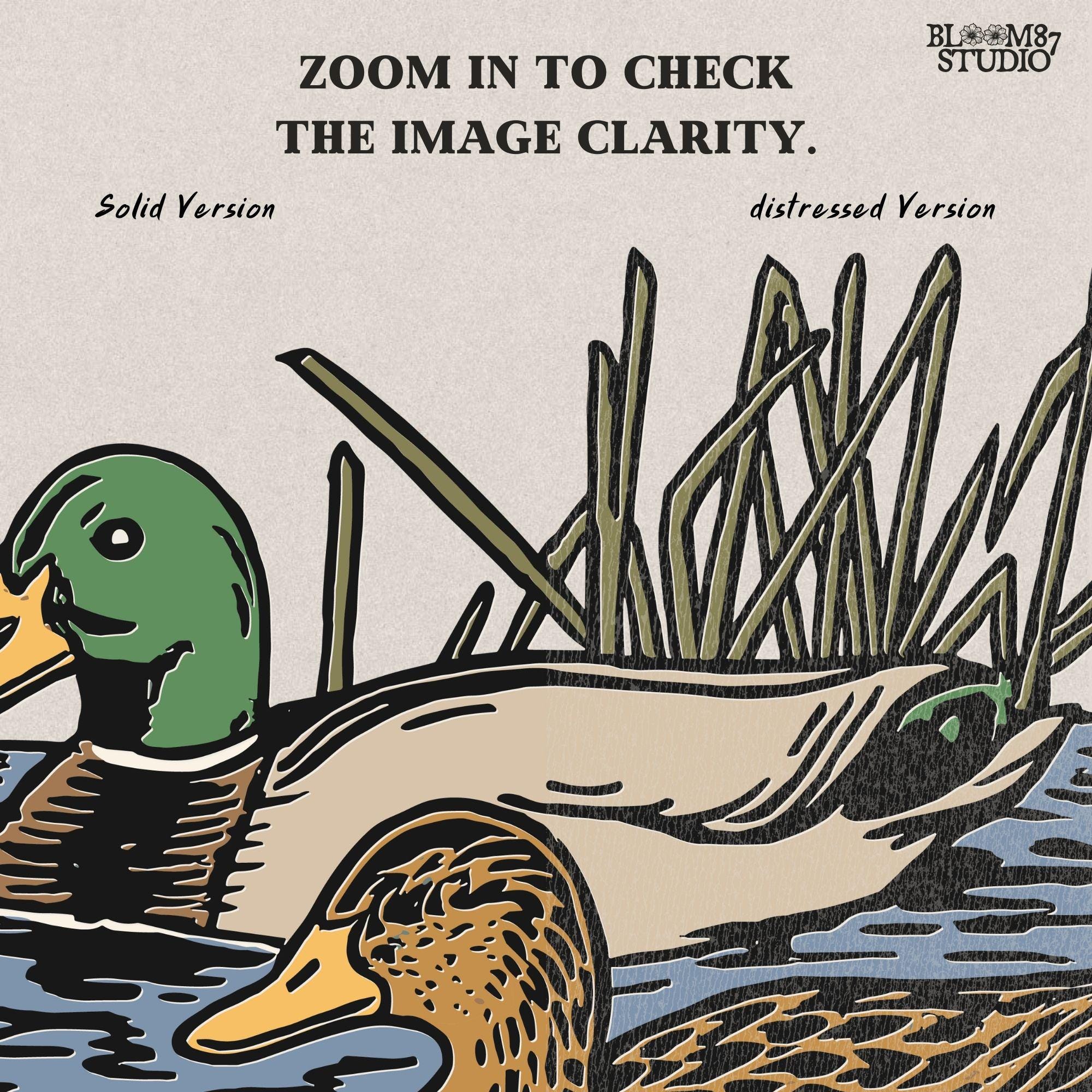 Illustration of a male and female mallard duck swimming in marsh water among reeds, ideal for waterfowl hunting and lodge décor sublimation designs