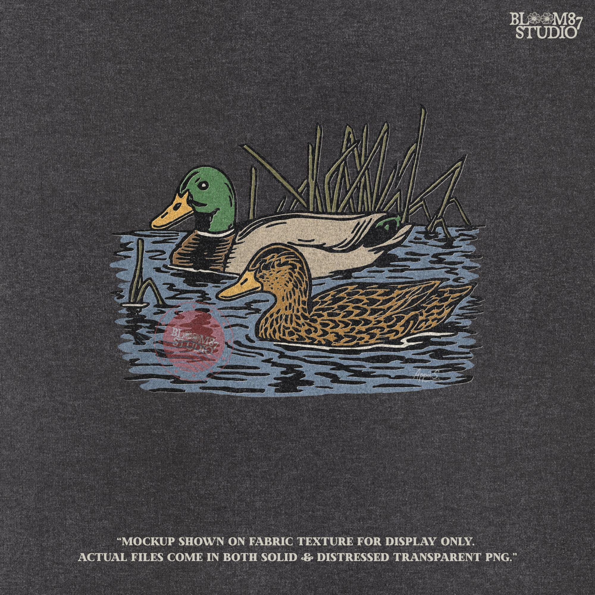 Illustration of a male and female mallard duck swimming in marsh water among reeds, ideal for waterfowl hunting and lodge décor sublimation designs