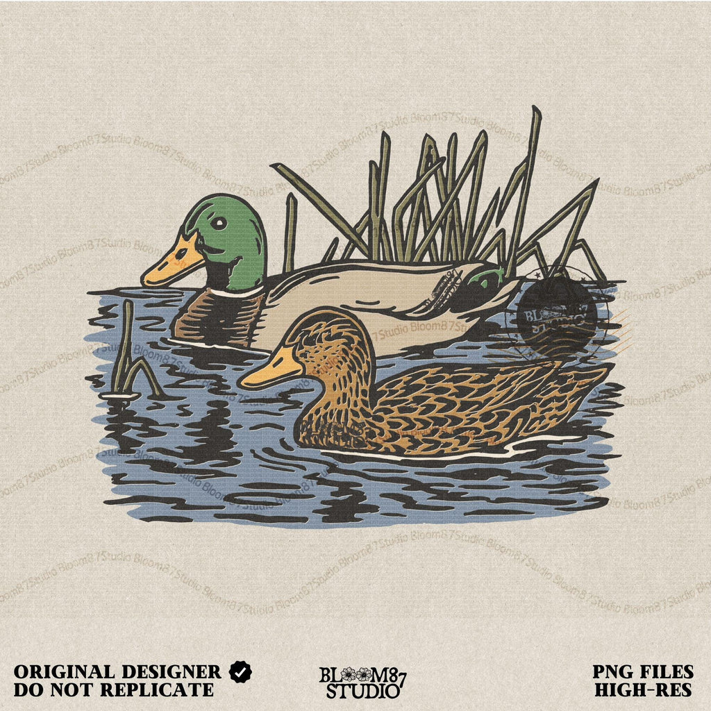 Illustration of a male and female mallard duck swimming in marsh water among reeds, ideal for waterfowl hunting and lodge décor sublimation designs