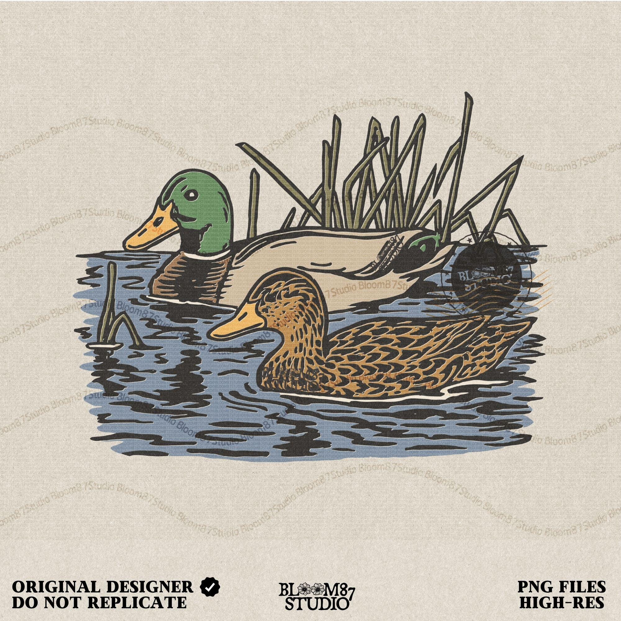 Illustration of a male and female mallard duck swimming in marsh water among reeds, ideal for waterfowl hunting and lodge décor sublimation designs