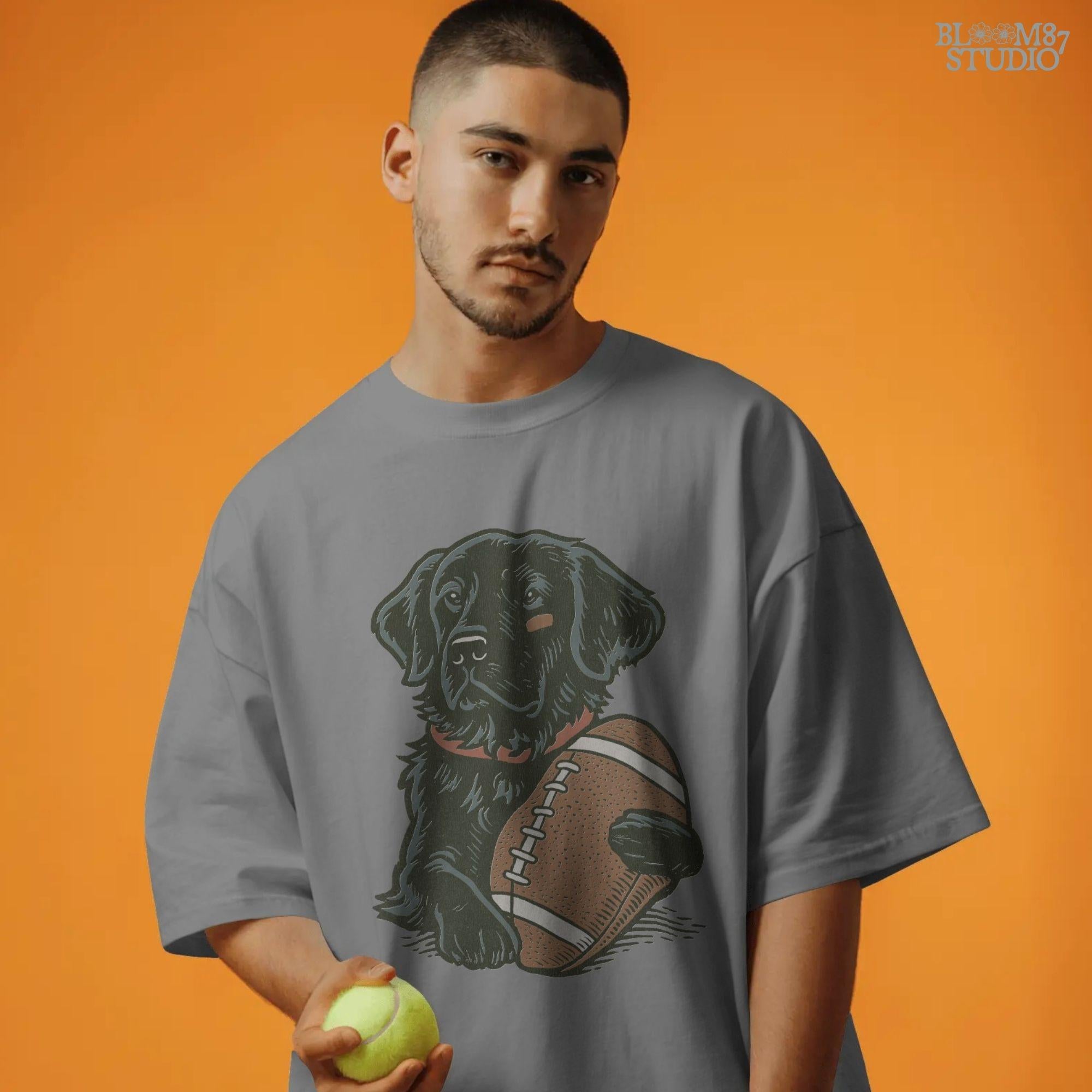 Illustration of a black Labrador Retriever holding a football, sublimation PNG design for game day and sports fan apparel.