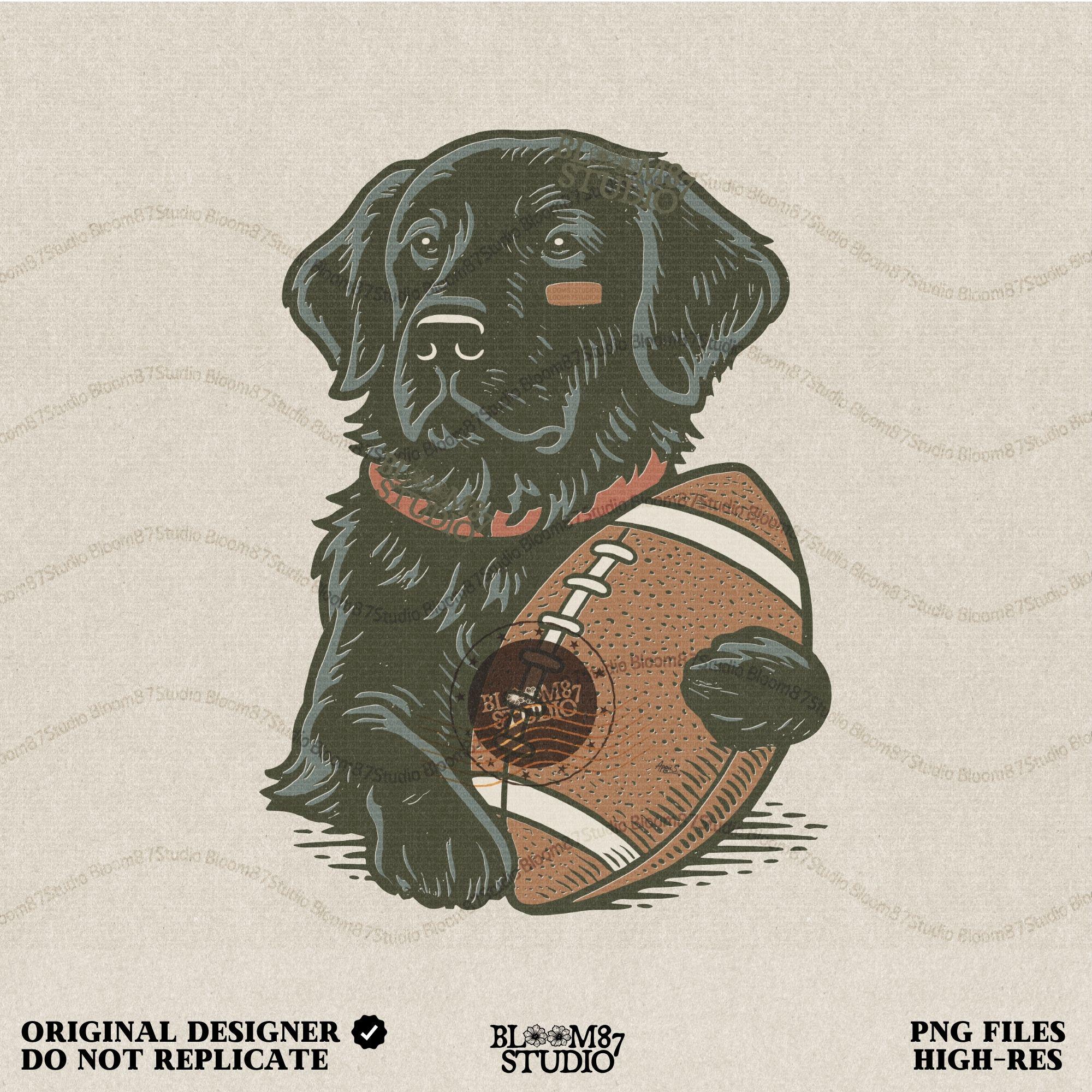 Illustration of a black Labrador Retriever holding a football, sublimation PNG design for game day and sports fan apparel.