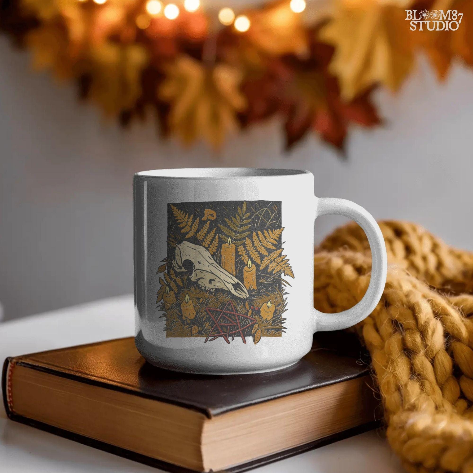 Deer skull surrounded by candles and ferns in a gothic Halloween forest scene, occult spooky sublimation PNG for shirts and decor.