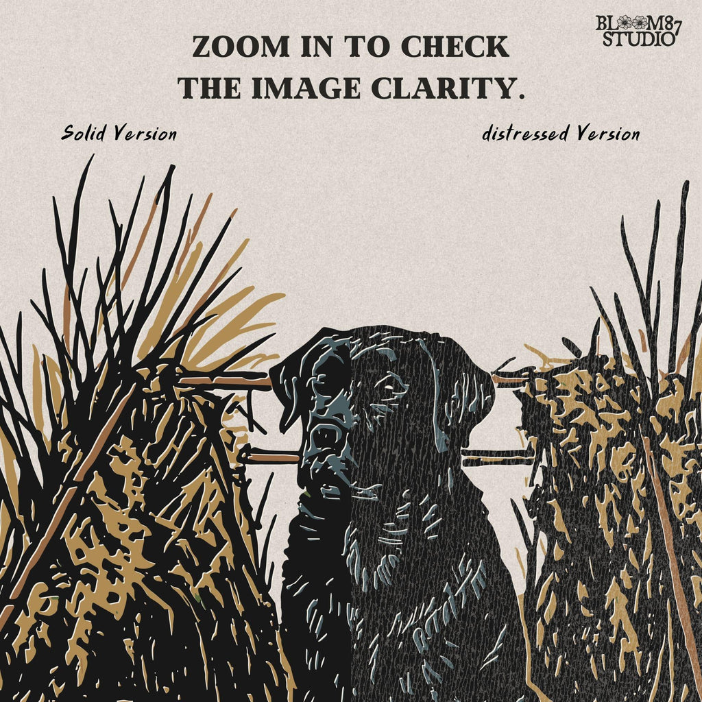 Black hunting retriever dog sitting in a duck blind with harvested mallards, rustic waterfowl hunting sublimation PNG design.