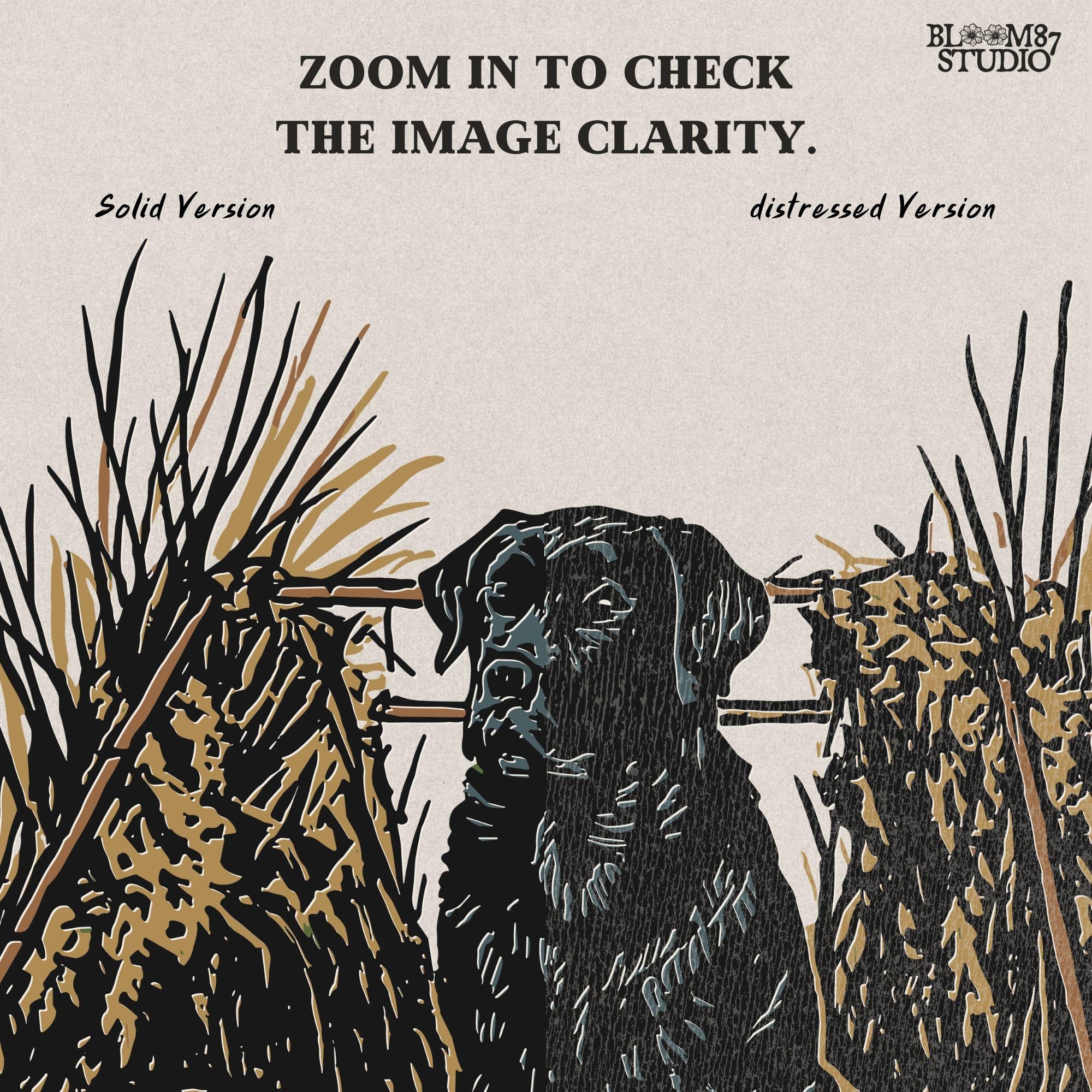 Black hunting retriever dog sitting in a duck blind with harvested mallards, rustic waterfowl hunting sublimation PNG design.