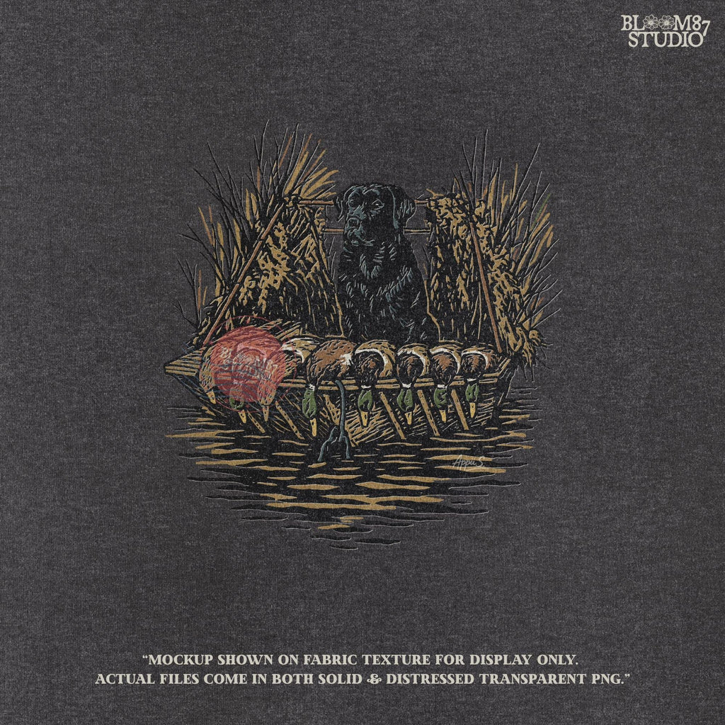 Black hunting retriever dog sitting in a duck blind with harvested mallards, rustic waterfowl hunting sublimation PNG design.