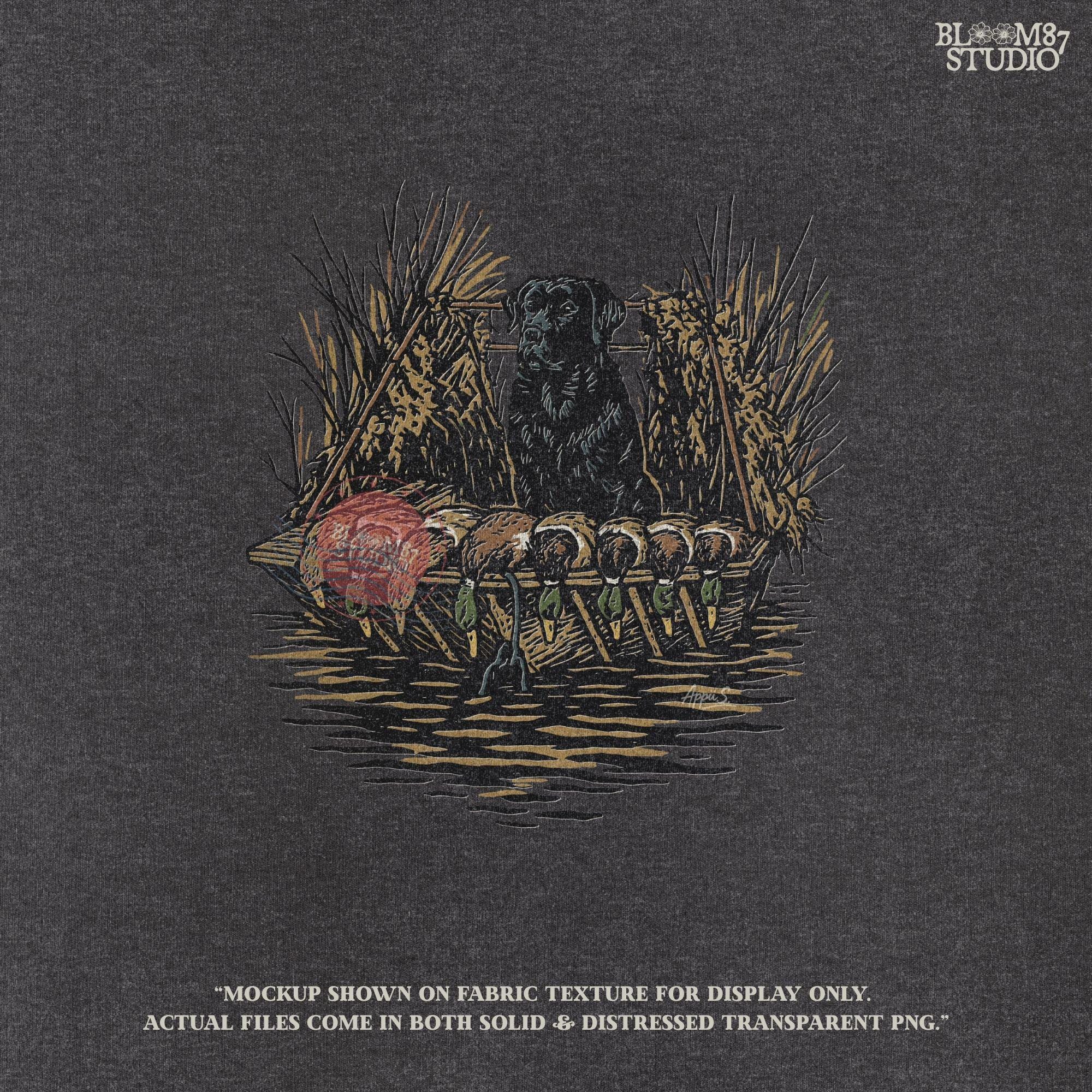 Black hunting retriever dog sitting in a duck blind with harvested mallards, rustic waterfowl hunting sublimation PNG design.