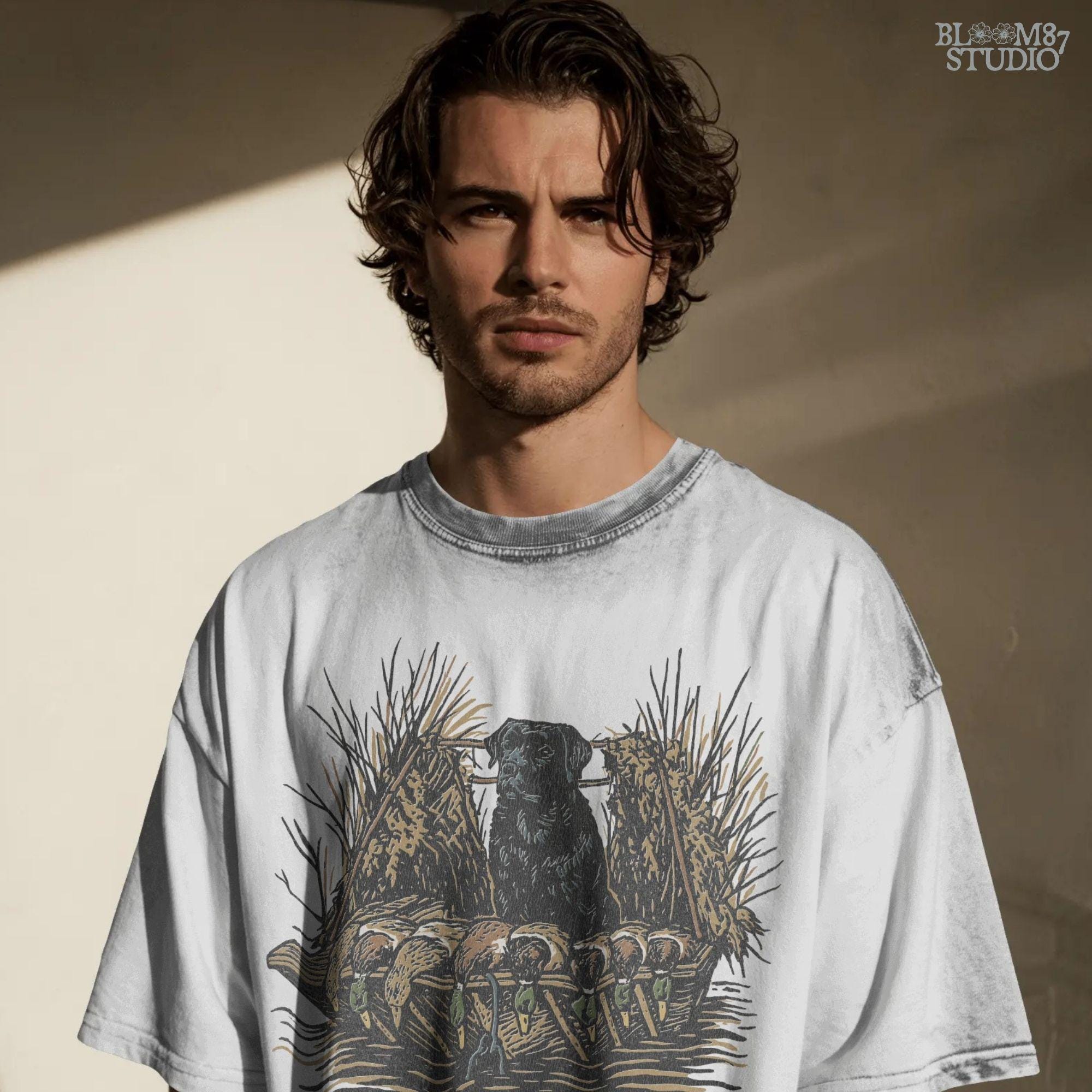 Black hunting retriever dog sitting in a duck blind with harvested mallards, rustic waterfowl hunting sublimation PNG design.