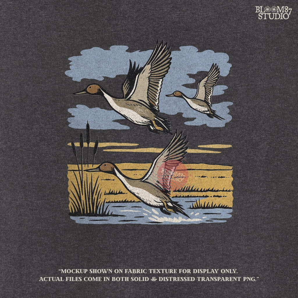 Rustic illustration of pintail ducks flying over wetlands, detailed waterfowl PNG for sublimation, hunting crafts, and wildlife decor.