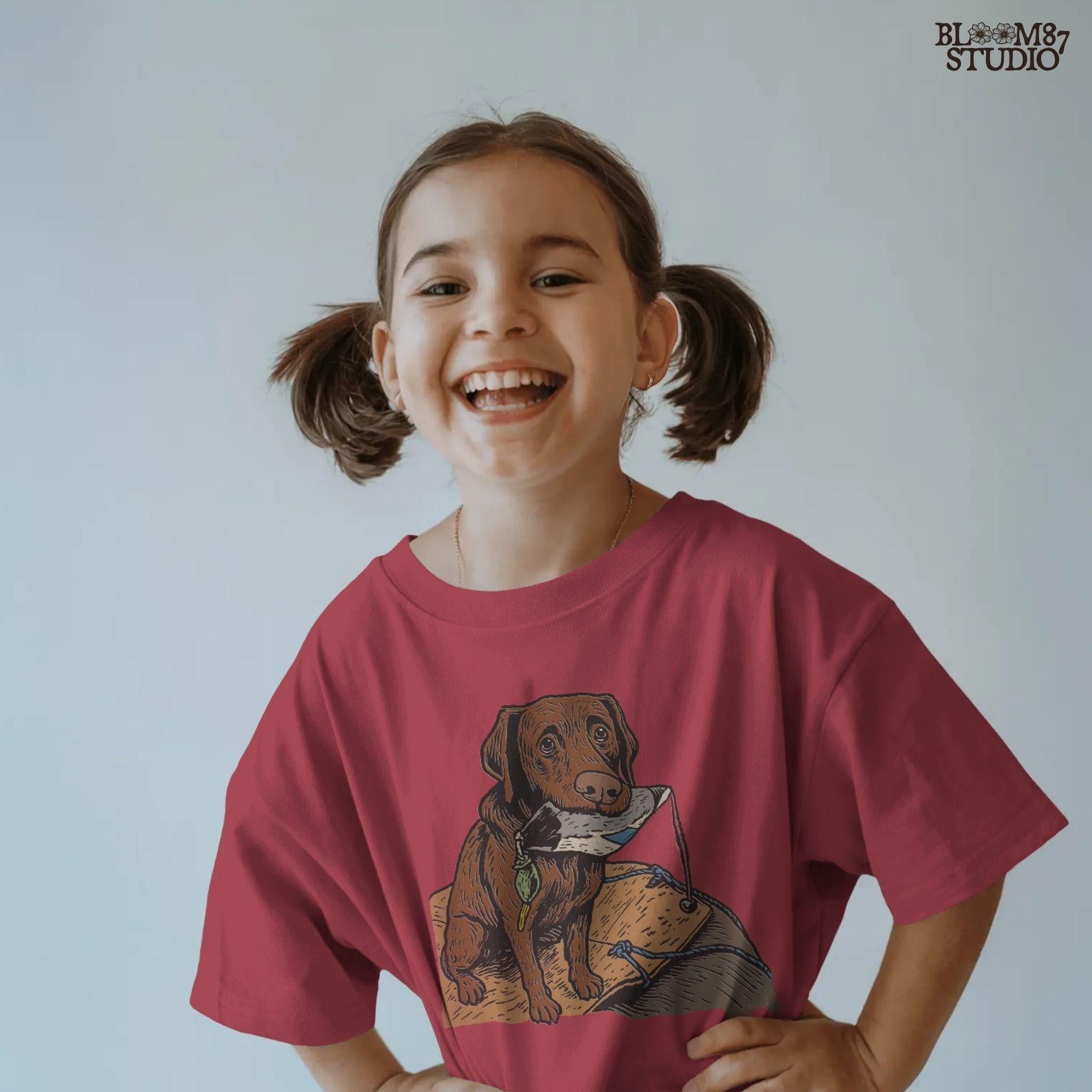 Illustration of a chocolate Labrador retriever holding a duck decoy on a wooden dock, rustic hunting dog PNG for sublimation crafts.