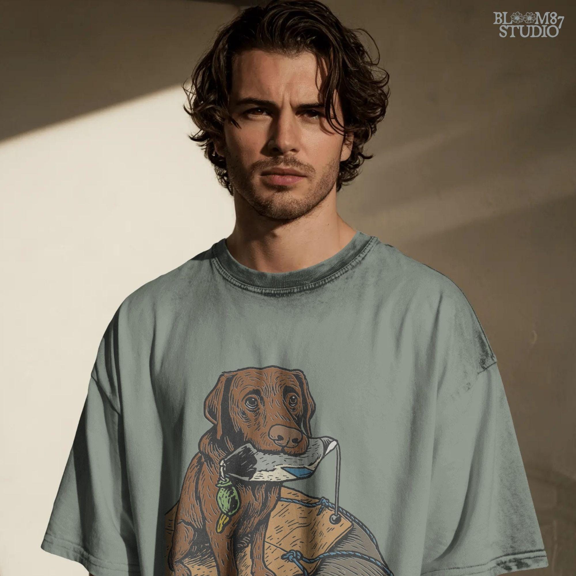 Illustration of a chocolate Labrador retriever holding a duck decoy on a wooden dock, rustic hunting dog PNG for sublimation crafts.