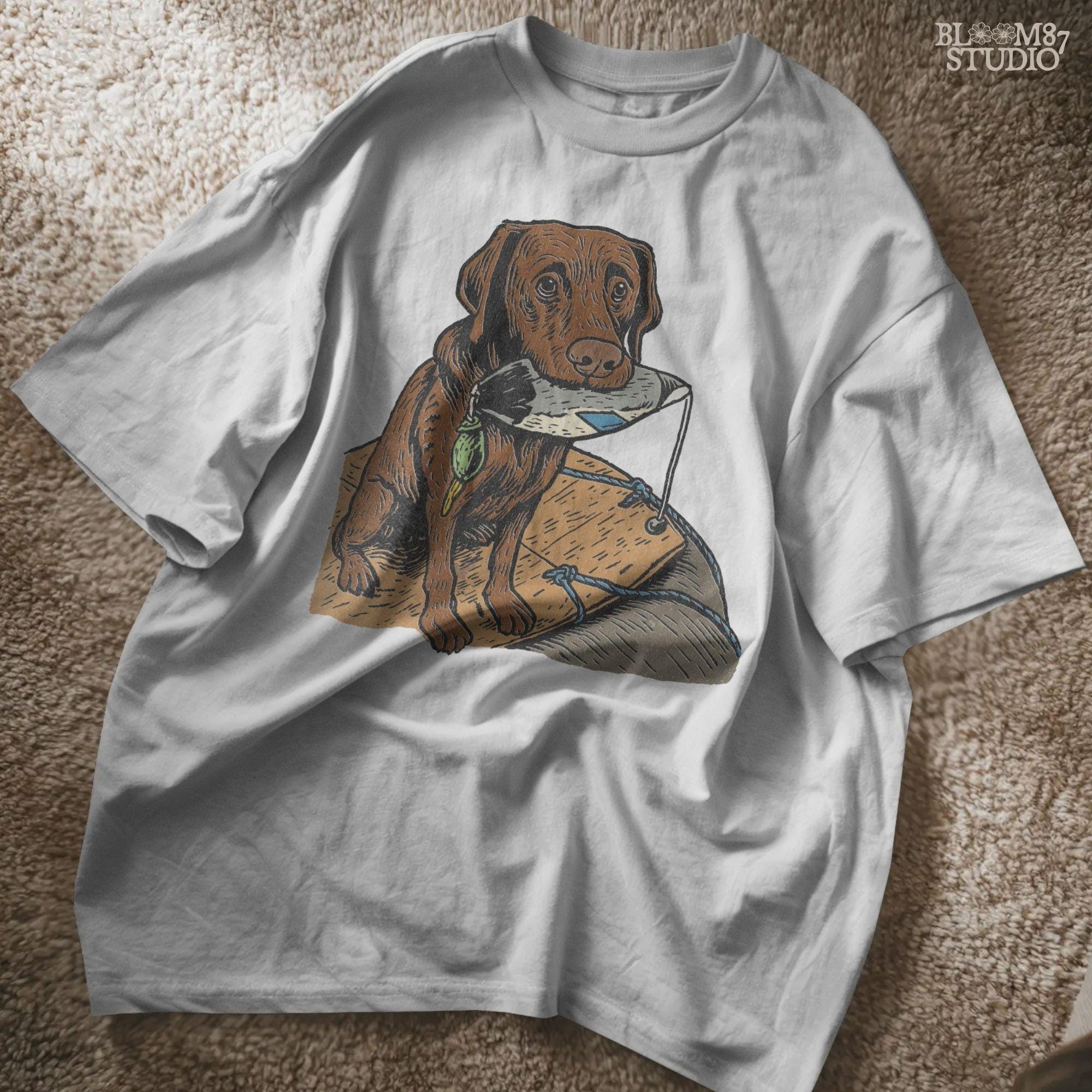 Illustration of a chocolate Labrador retriever holding a duck decoy on a wooden dock, rustic hunting dog PNG for sublimation crafts.