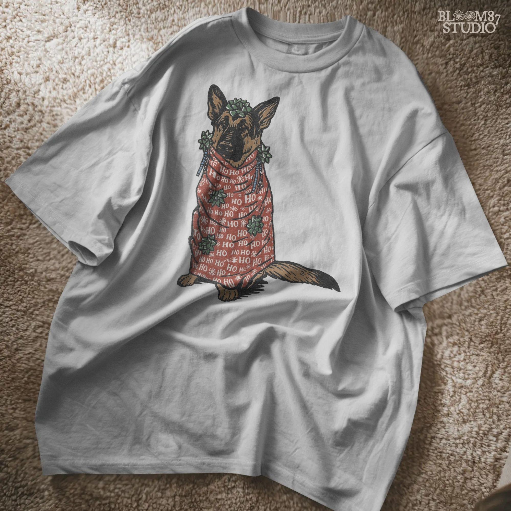 Solid Version: "German Shepherd dog wrapped in red Ho Ho Ho Christmas paper with green gift bows, cartoon style PNG for holiday sublimation projects"

Distressed Version: "Vintage-style distressed PNG of a German Shepherd wrapped in Christmas gift paper with bows, perfect for rustic sublimation crafts"