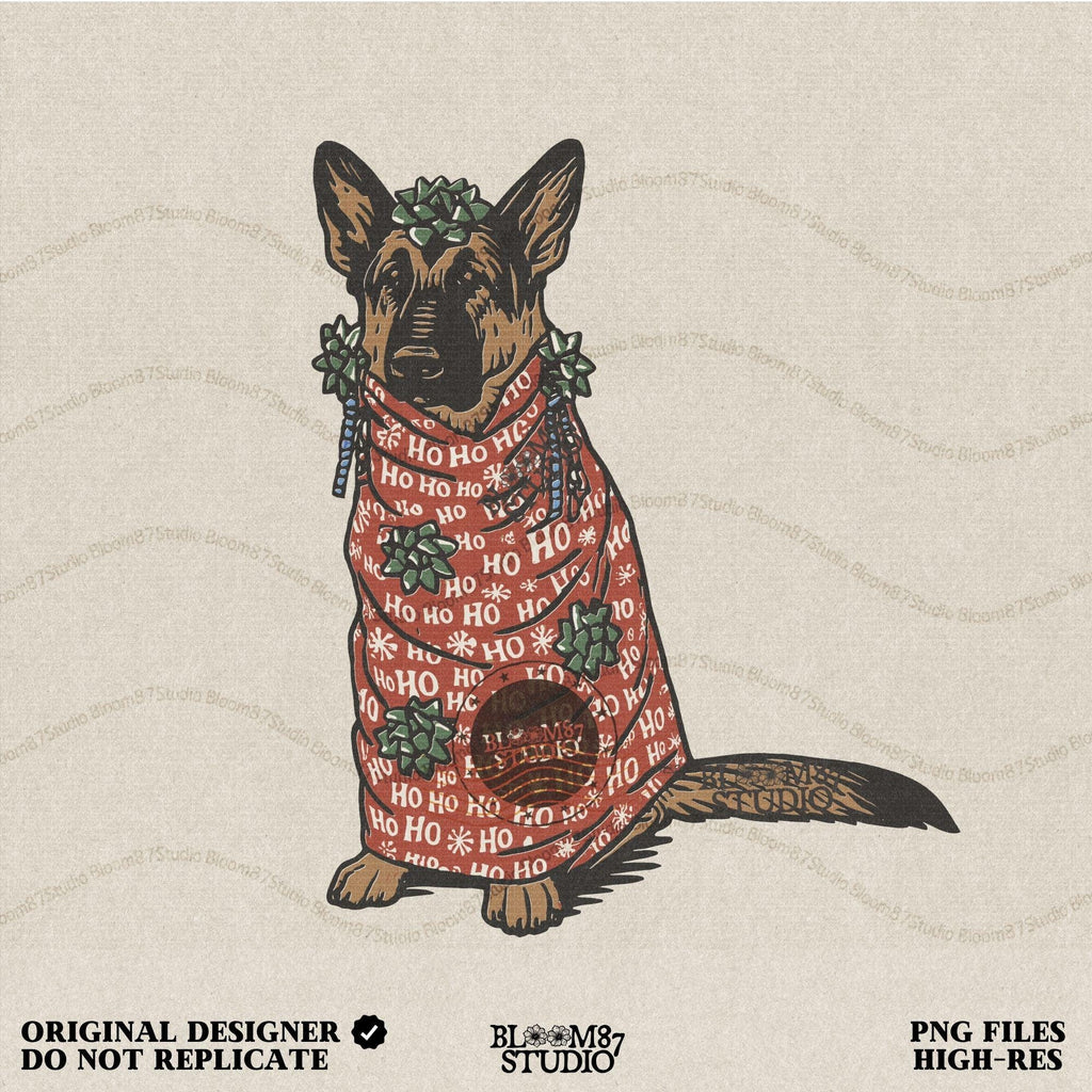 Solid Version: "German Shepherd dog wrapped in red Ho Ho Ho Christmas paper with green gift bows, cartoon style PNG for holiday sublimation projects"

Distressed Version: "Vintage-style distressed PNG of a German Shepherd wrapped in Christmas gift paper with bows, perfect for rustic sublimation crafts"