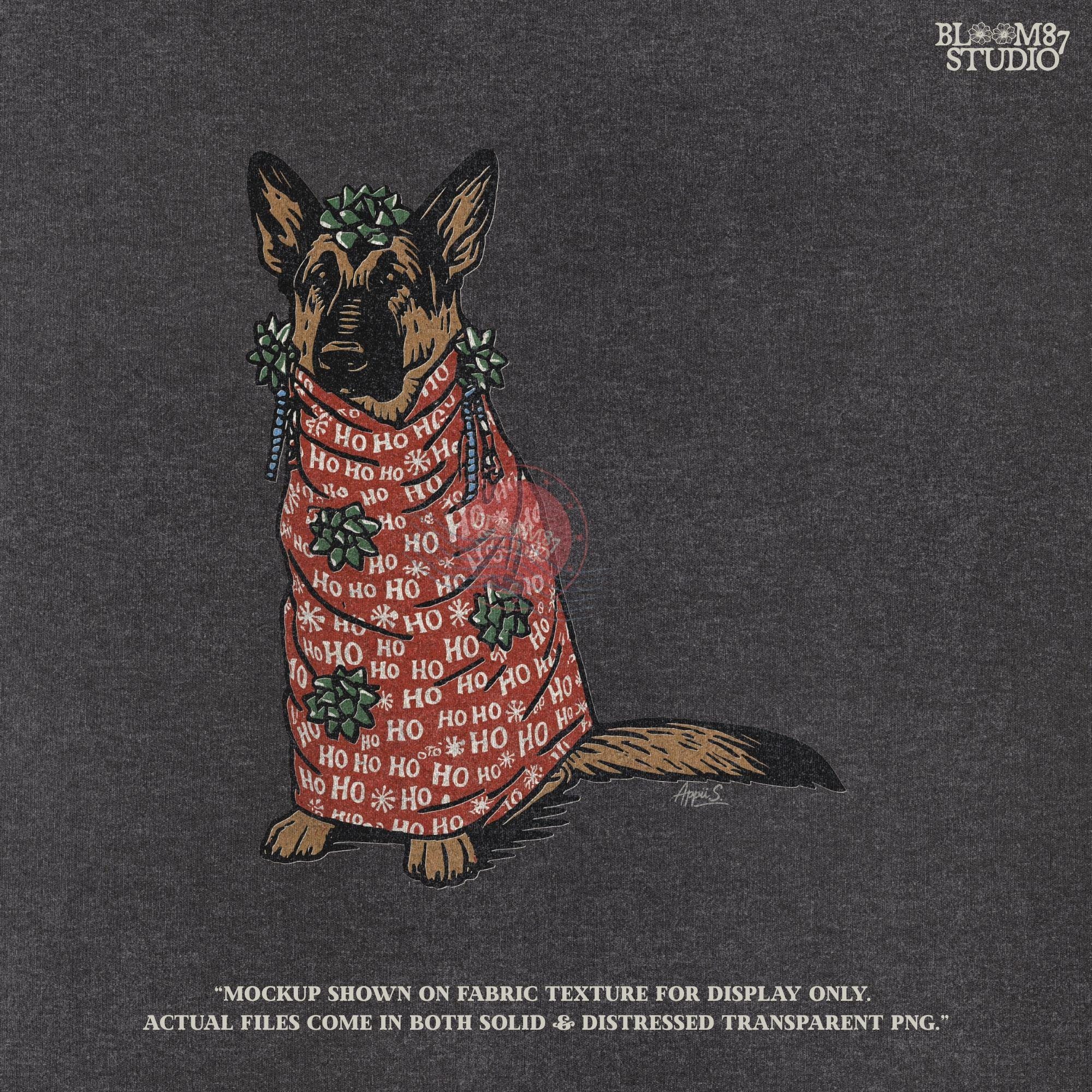 Solid Version: "German Shepherd dog wrapped in red Ho Ho Ho Christmas paper with green gift bows, cartoon style PNG for holiday sublimation projects"

Distressed Version: "Vintage-style distressed PNG of a German Shepherd wrapped in Christmas gift paper with bows, perfect for rustic sublimation crafts"