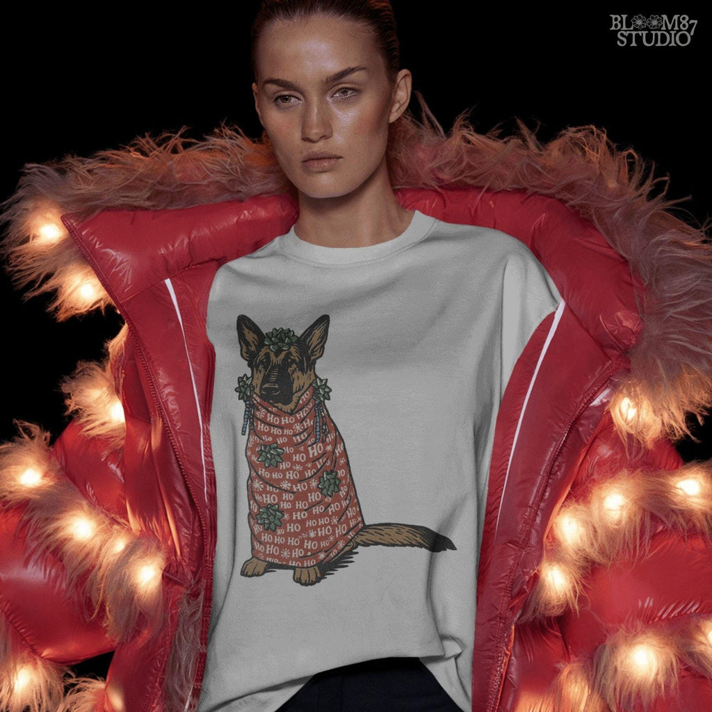 Solid Version: "German Shepherd dog wrapped in red Ho Ho Ho Christmas paper with green gift bows, cartoon style PNG for holiday sublimation projects"

Distressed Version: "Vintage-style distressed PNG of a German Shepherd wrapped in Christmas gift paper with bows, perfect for rustic sublimation crafts"