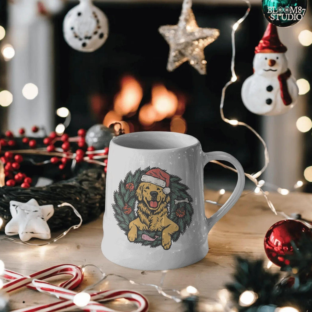 Solid Version: "Golden Retriever dog wearing a Santa hat, sitting inside a decorated Christmas wreath with red ornaments and dog toys, sublimation PNG"
Distressed Version: "Vintage-style distressed PNG of a Santa hat Golden Retriever inside a holiday wreath, rustic sublimation design for Christmas crafts"