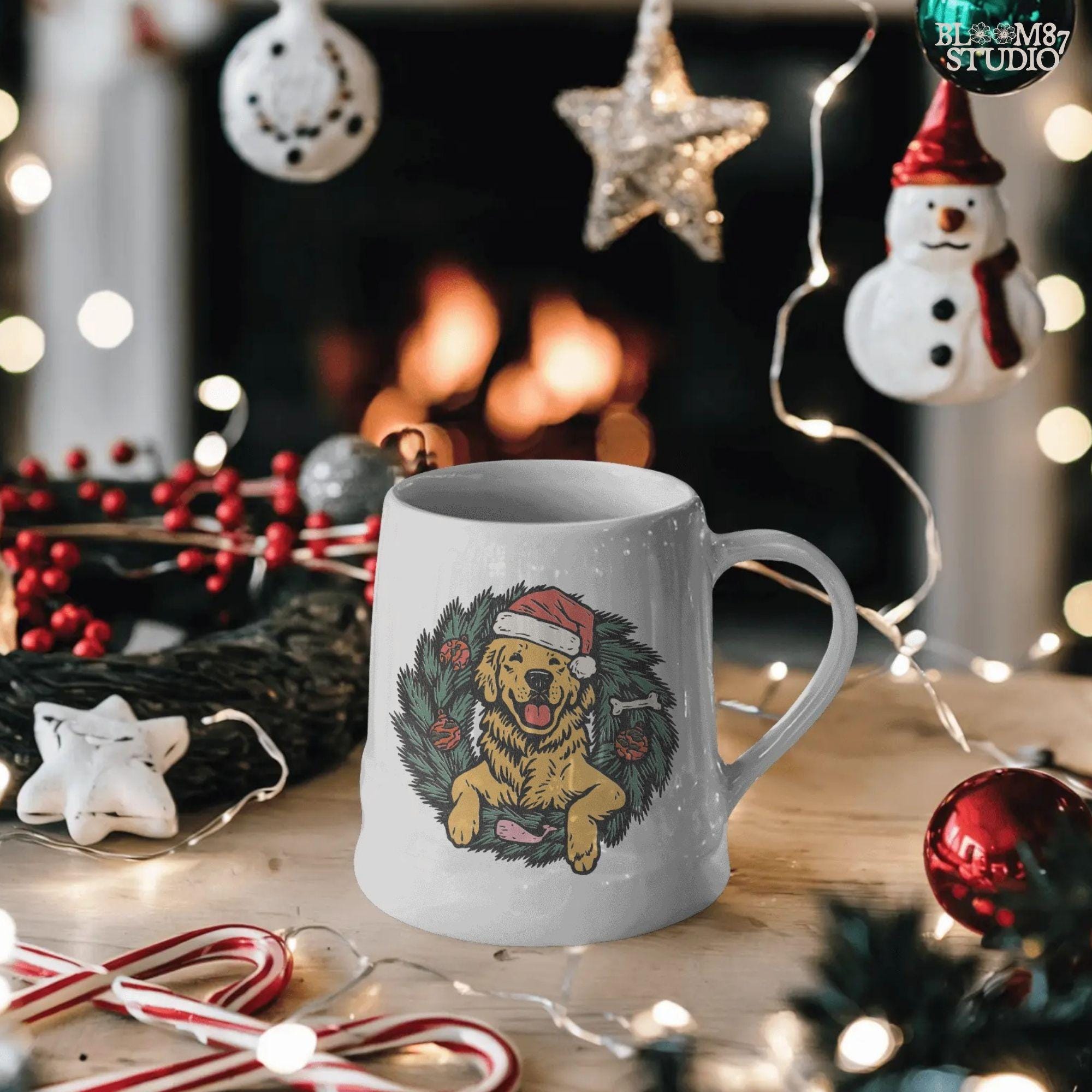 Solid Version: "Golden Retriever dog wearing a Santa hat, sitting inside a decorated Christmas wreath with red ornaments and dog toys, sublimation PNG"
Distressed Version: "Vintage-style distressed PNG of a Santa hat Golden Retriever inside a holiday wreath, rustic sublimation design for Christmas crafts"