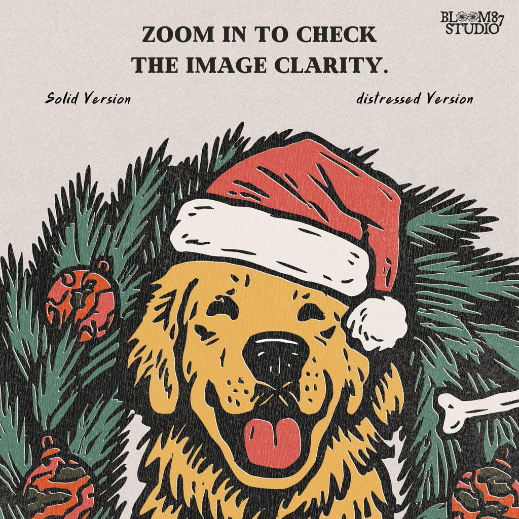 Solid Version: "Golden Retriever dog wearing a Santa hat, sitting inside a decorated Christmas wreath with red ornaments and dog toys, sublimation PNG"
Distressed Version: "Vintage-style distressed PNG of a Santa hat Golden Retriever inside a holiday wreath, rustic sublimation design for Christmas crafts"