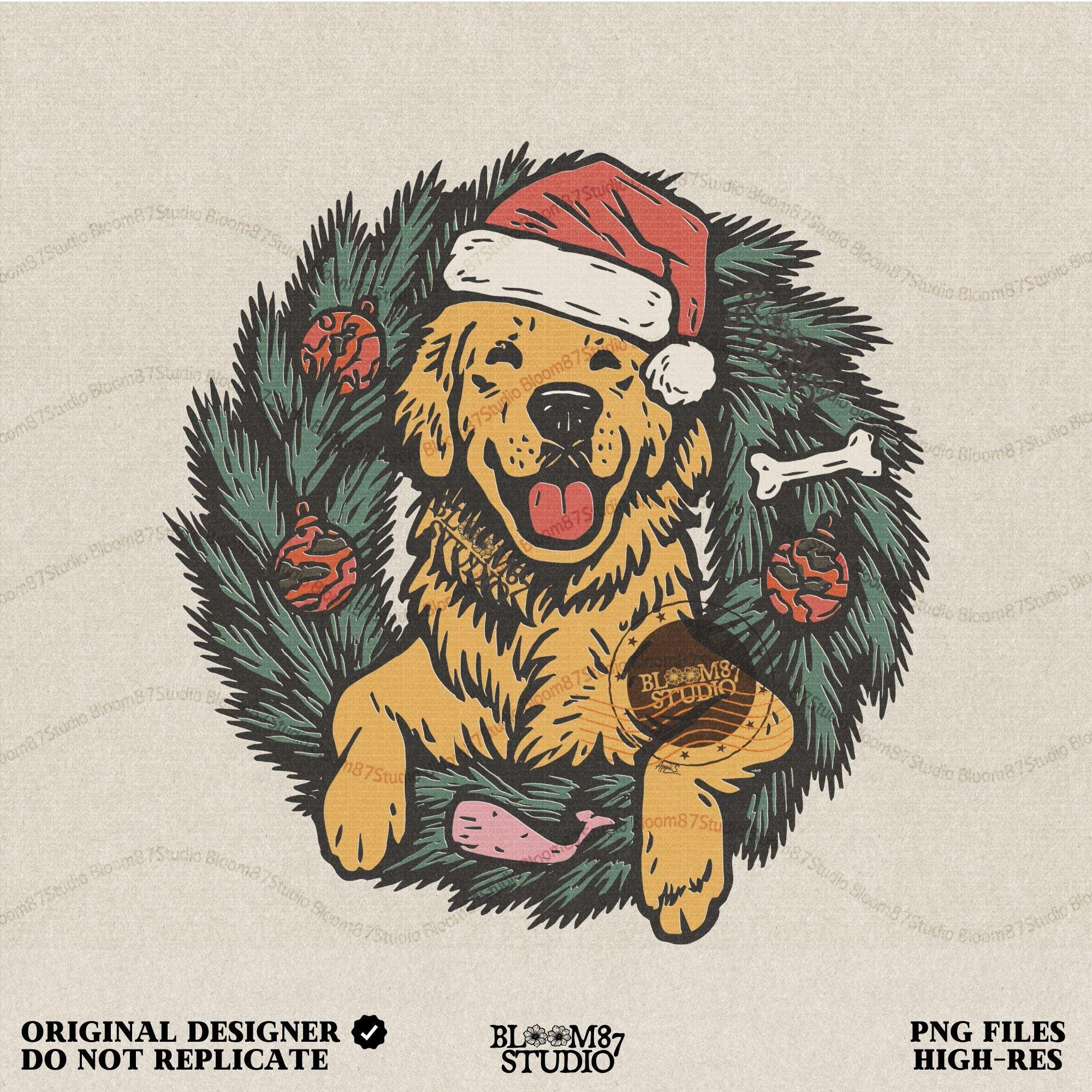 Solid Version: "Golden Retriever dog wearing a Santa hat, sitting inside a decorated Christmas wreath with red ornaments and dog toys, sublimation PNG"
Distressed Version: "Vintage-style distressed PNG of a Santa hat Golden Retriever inside a holiday wreath, rustic sublimation design for Christmas crafts"
