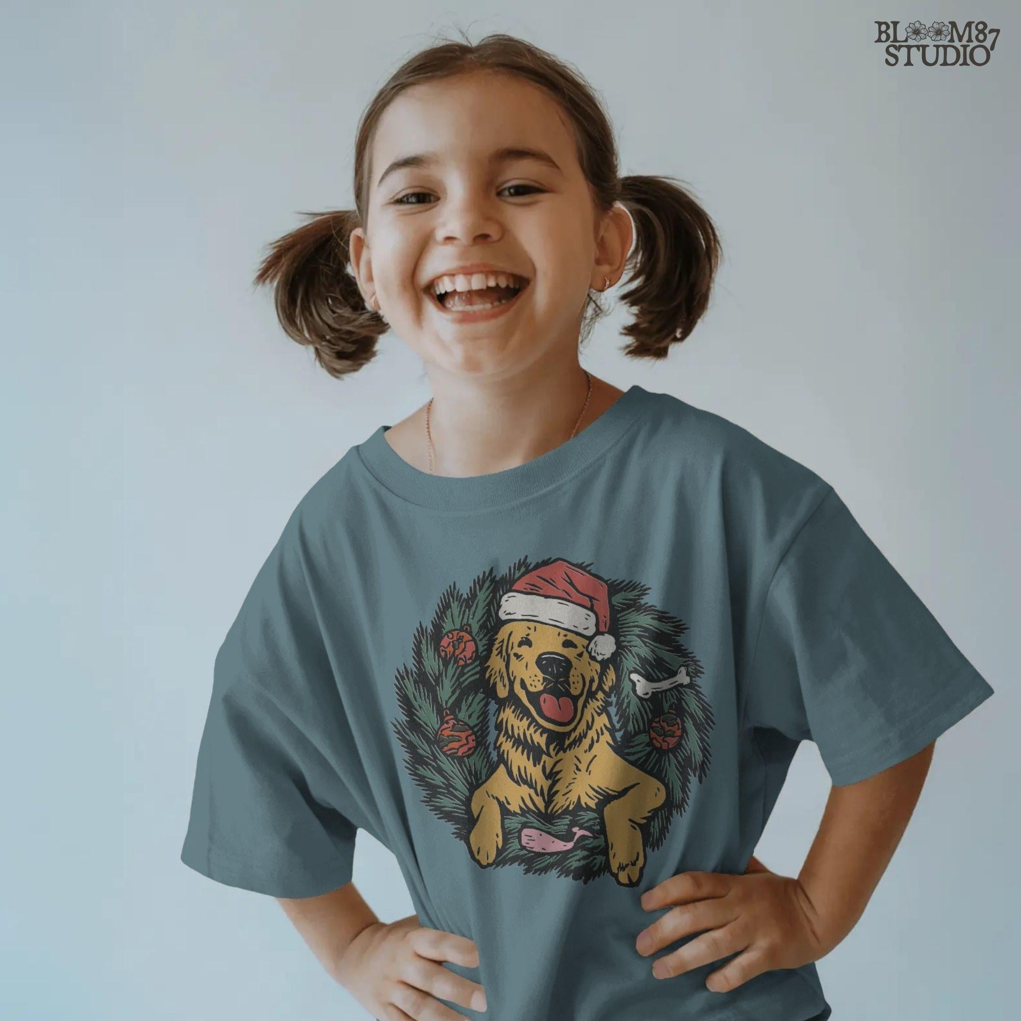 Solid Version: "Golden Retriever dog wearing a Santa hat, sitting inside a decorated Christmas wreath with red ornaments and dog toys, sublimation PNG"
Distressed Version: "Vintage-style distressed PNG of a Santa hat Golden Retriever inside a holiday wreath, rustic sublimation design for Christmas crafts"