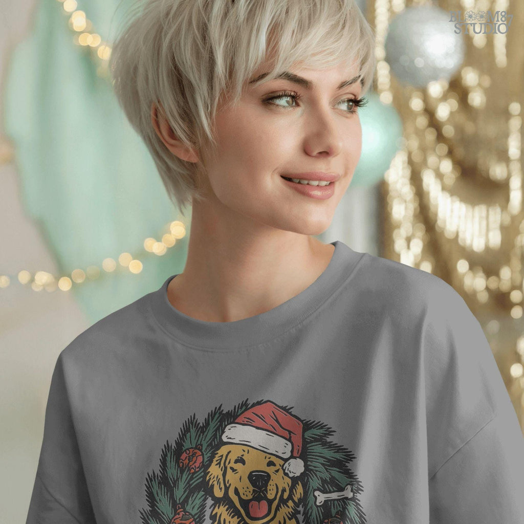 Solid Version: "Golden Retriever dog wearing a Santa hat, sitting inside a decorated Christmas wreath with red ornaments and dog toys, sublimation PNG"
Distressed Version: "Vintage-style distressed PNG of a Santa hat Golden Retriever inside a holiday wreath, rustic sublimation design for Christmas crafts"