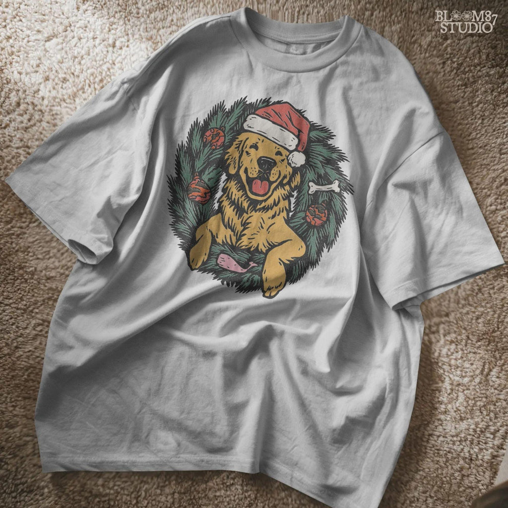 Solid Version: "Golden Retriever dog wearing a Santa hat, sitting inside a decorated Christmas wreath with red ornaments and dog toys, sublimation PNG"
Distressed Version: "Vintage-style distressed PNG of a Santa hat Golden Retriever inside a holiday wreath, rustic sublimation design for Christmas crafts"
