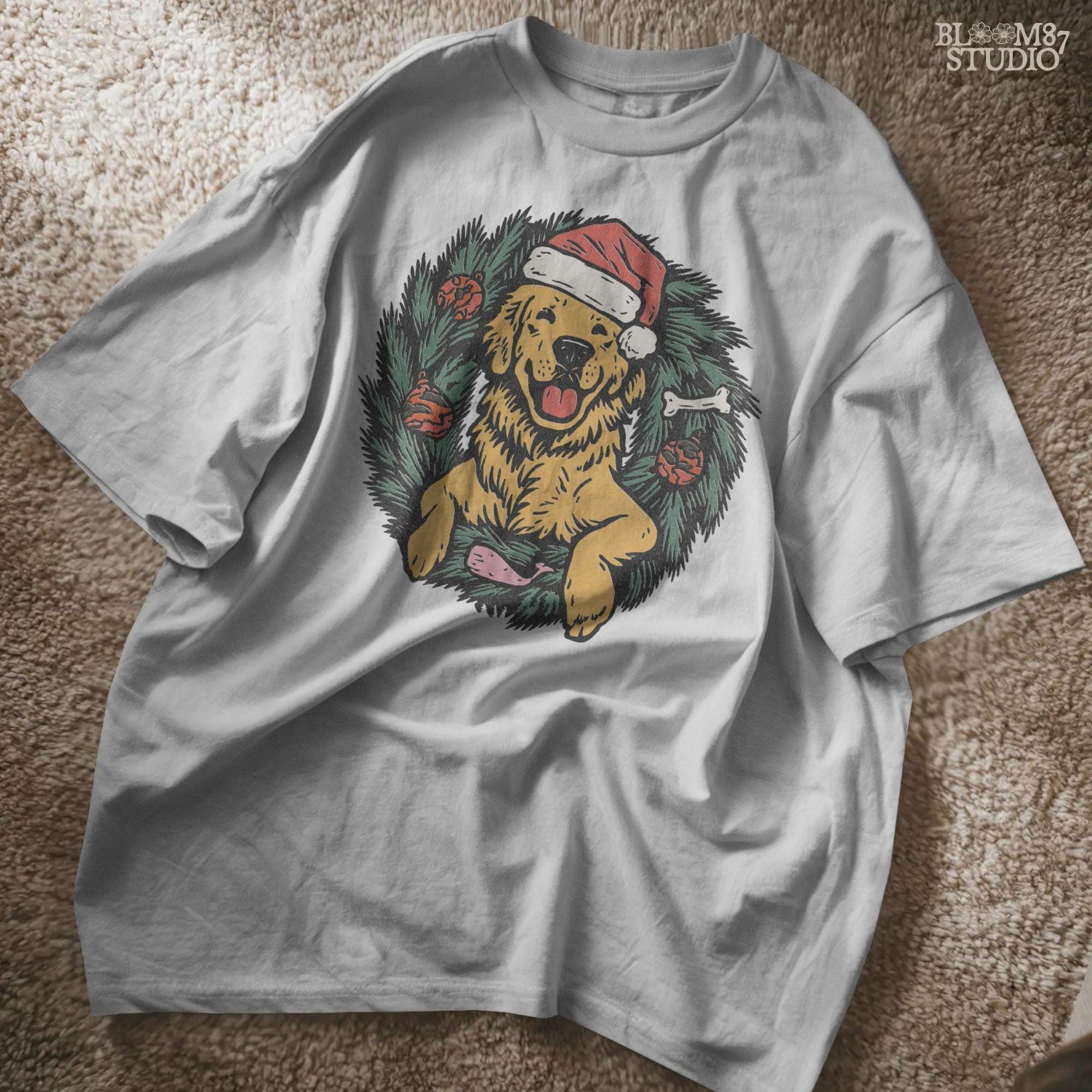 Solid Version: "Golden Retriever dog wearing a Santa hat, sitting inside a decorated Christmas wreath with red ornaments and dog toys, sublimation PNG"
Distressed Version: "Vintage-style distressed PNG of a Santa hat Golden Retriever inside a holiday wreath, rustic sublimation design for Christmas crafts"