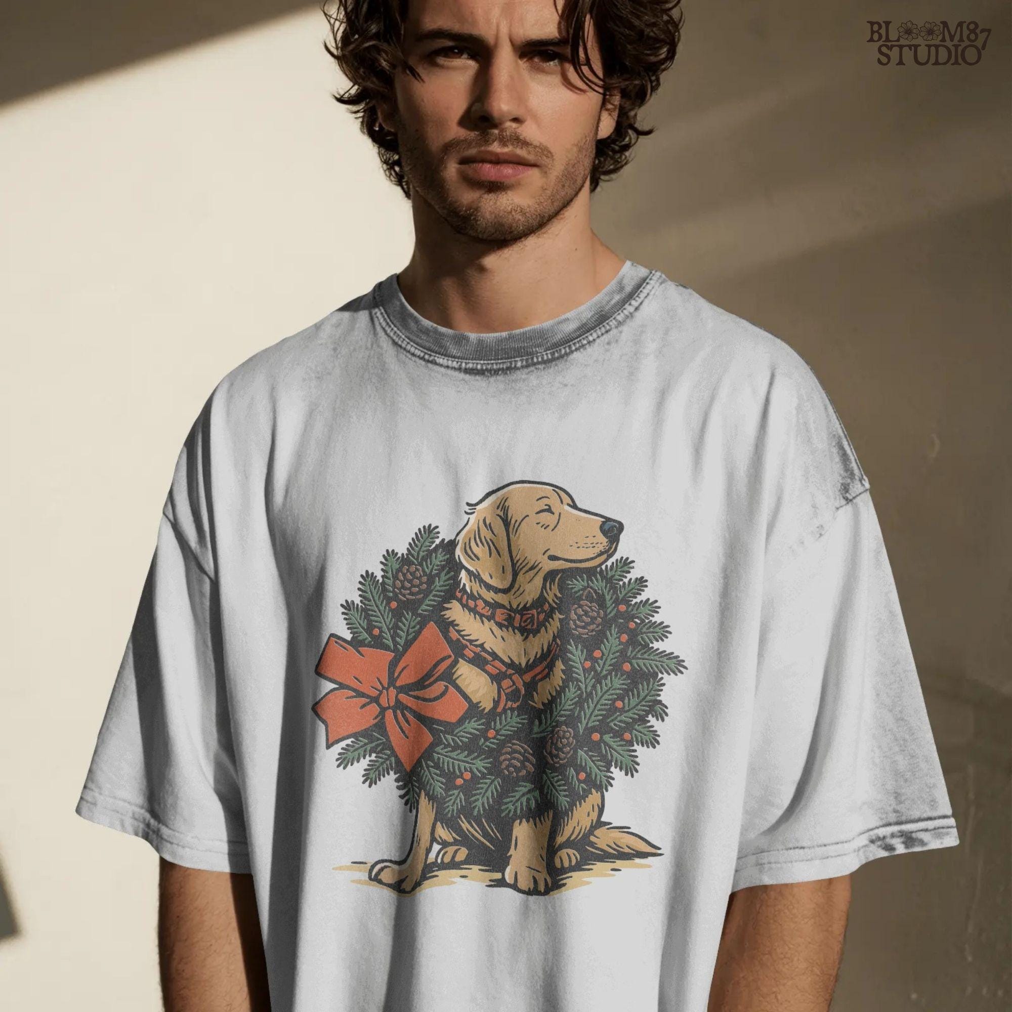 Solid Version: "Golden Labrador dog sitting inside a Christmas pine wreath decorated with pinecones, red berries, and a large red bow, festive PNG design"
Distressed Version: "Vintage-style distressed PNG of Labrador in holiday wreath with red bow and pine elements, rustic sublimation graphic for Christmas crafts"