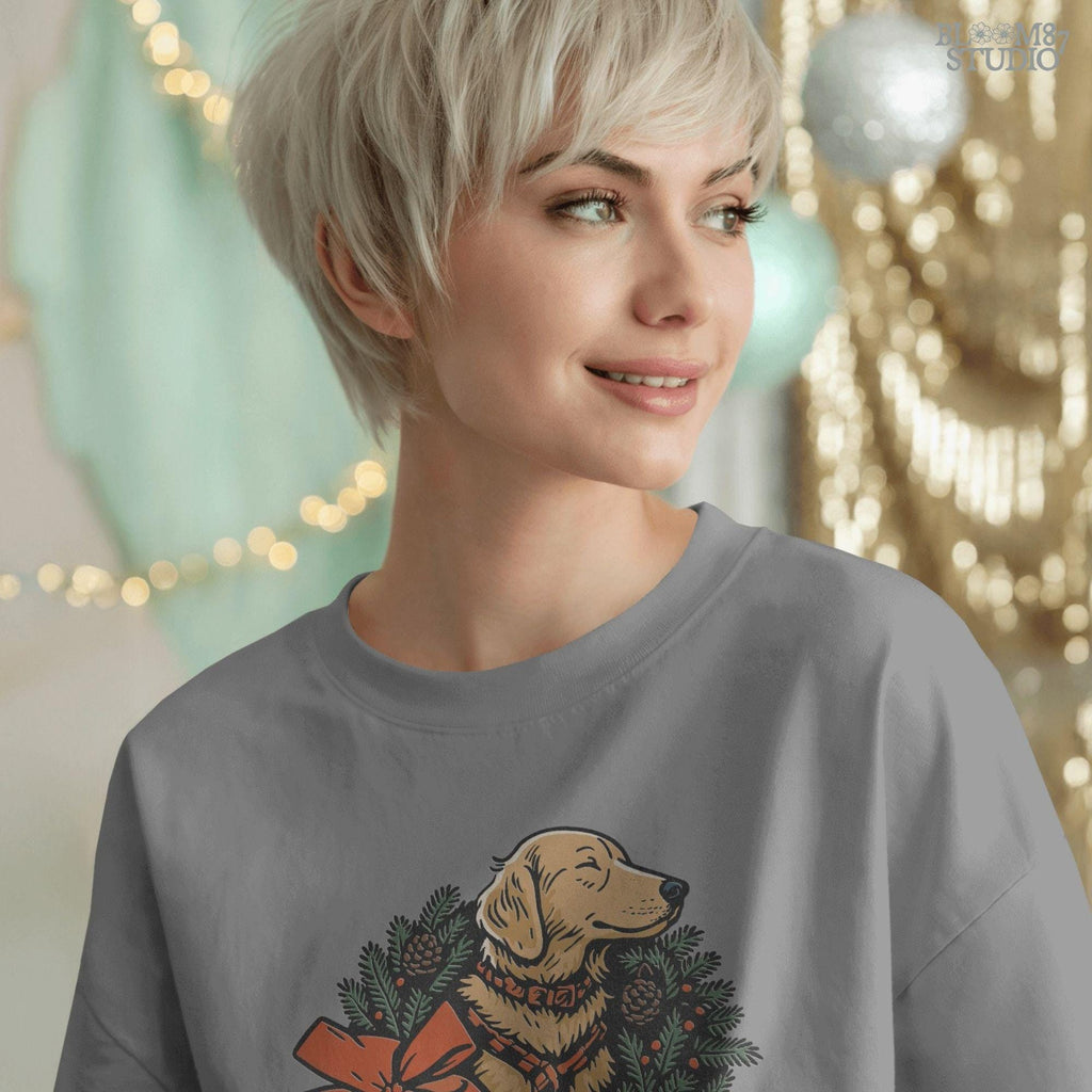 Solid Version: "Golden Labrador dog sitting inside a Christmas pine wreath decorated with pinecones, red berries, and a large red bow, festive PNG design"
Distressed Version: "Vintage-style distressed PNG of Labrador in holiday wreath with red bow and pine elements, rustic sublimation graphic for Christmas crafts"