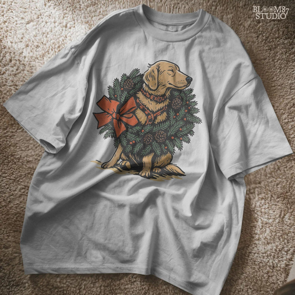 Solid Version: "Golden Labrador dog sitting inside a Christmas pine wreath decorated with pinecones, red berries, and a large red bow, festive PNG design"
Distressed Version: "Vintage-style distressed PNG of Labrador in holiday wreath with red bow and pine elements, rustic sublimation graphic for Christmas crafts"