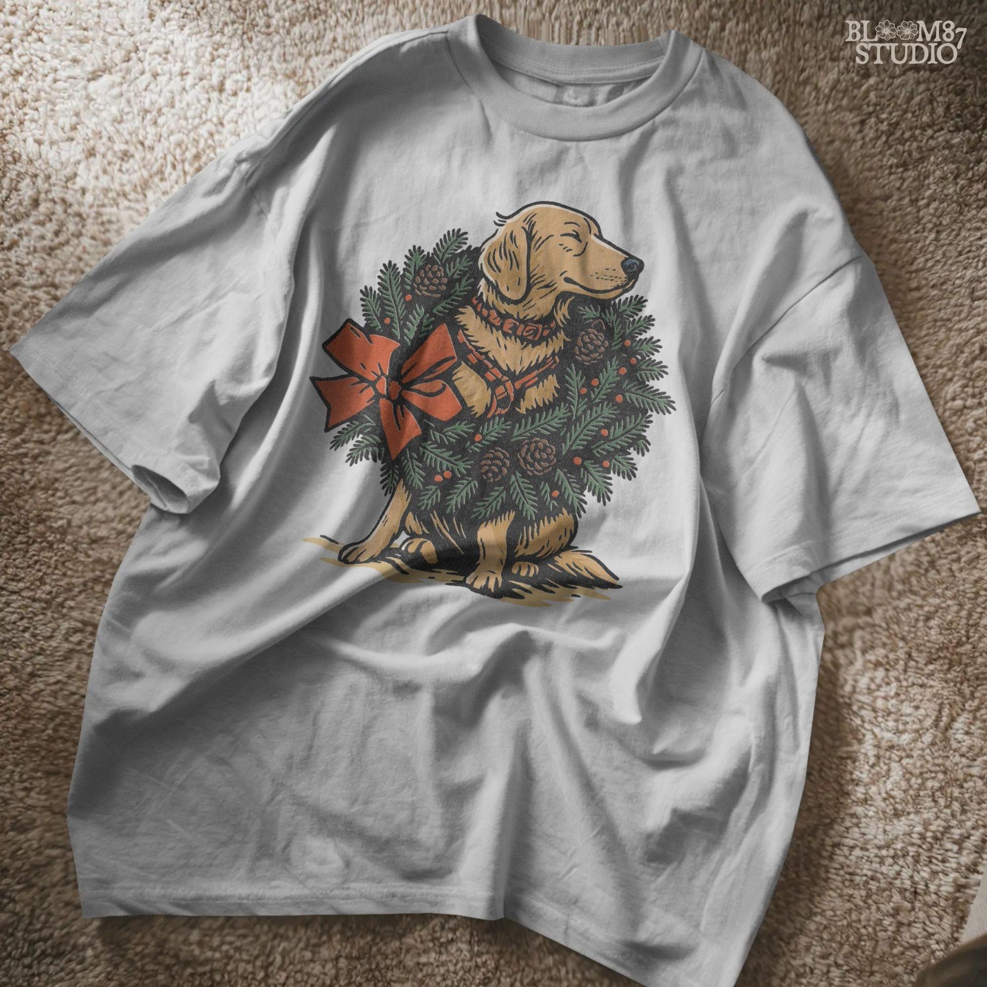 Solid Version: "Golden Labrador dog sitting inside a Christmas pine wreath decorated with pinecones, red berries, and a large red bow, festive PNG design"
Distressed Version: "Vintage-style distressed PNG of Labrador in holiday wreath with red bow and pine elements, rustic sublimation graphic for Christmas crafts"