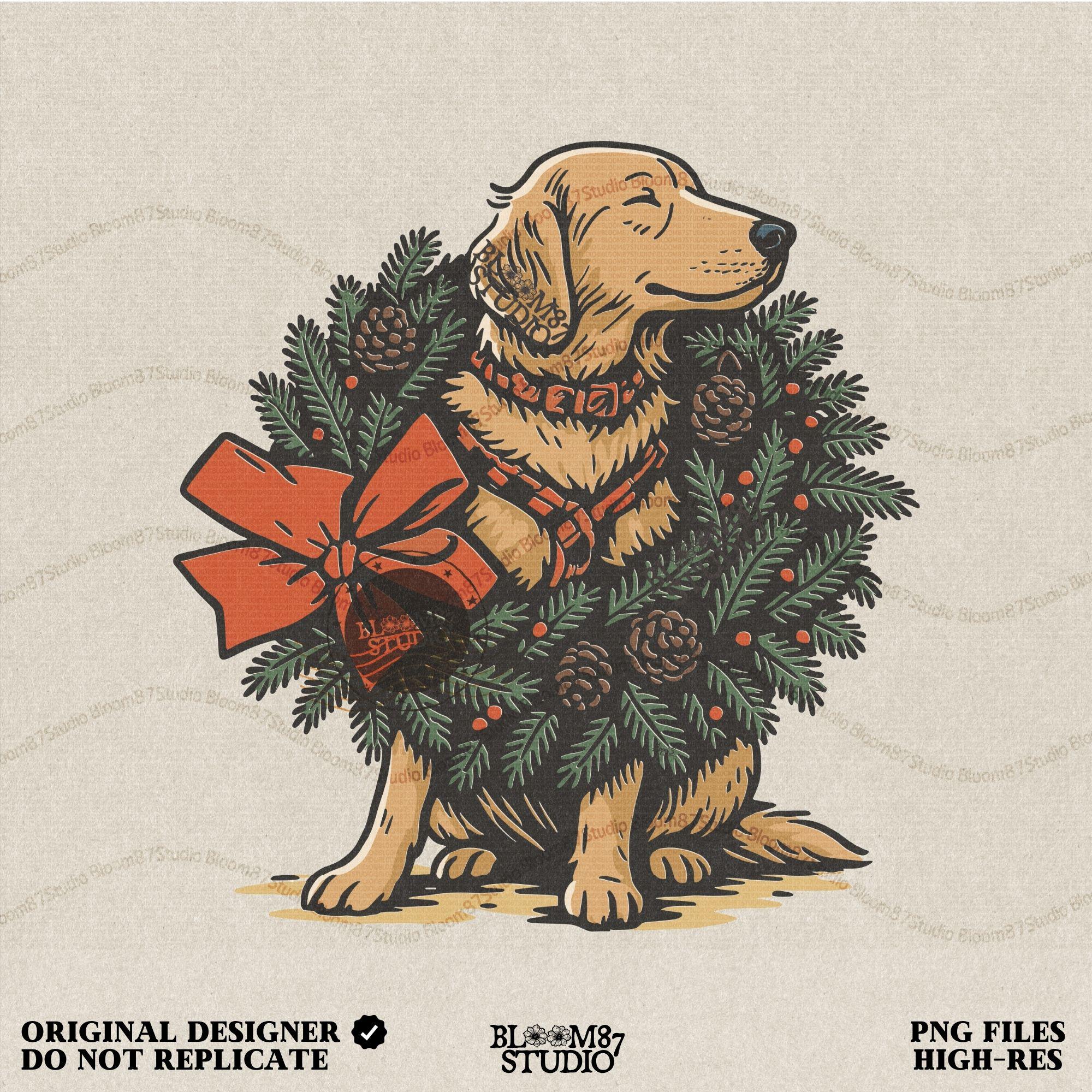 Solid Version: "Golden Labrador dog sitting inside a Christmas pine wreath decorated with pinecones, red berries, and a large red bow, festive PNG design"
Distressed Version: "Vintage-style distressed PNG of Labrador in holiday wreath with red bow and pine elements, rustic sublimation graphic for Christmas crafts"