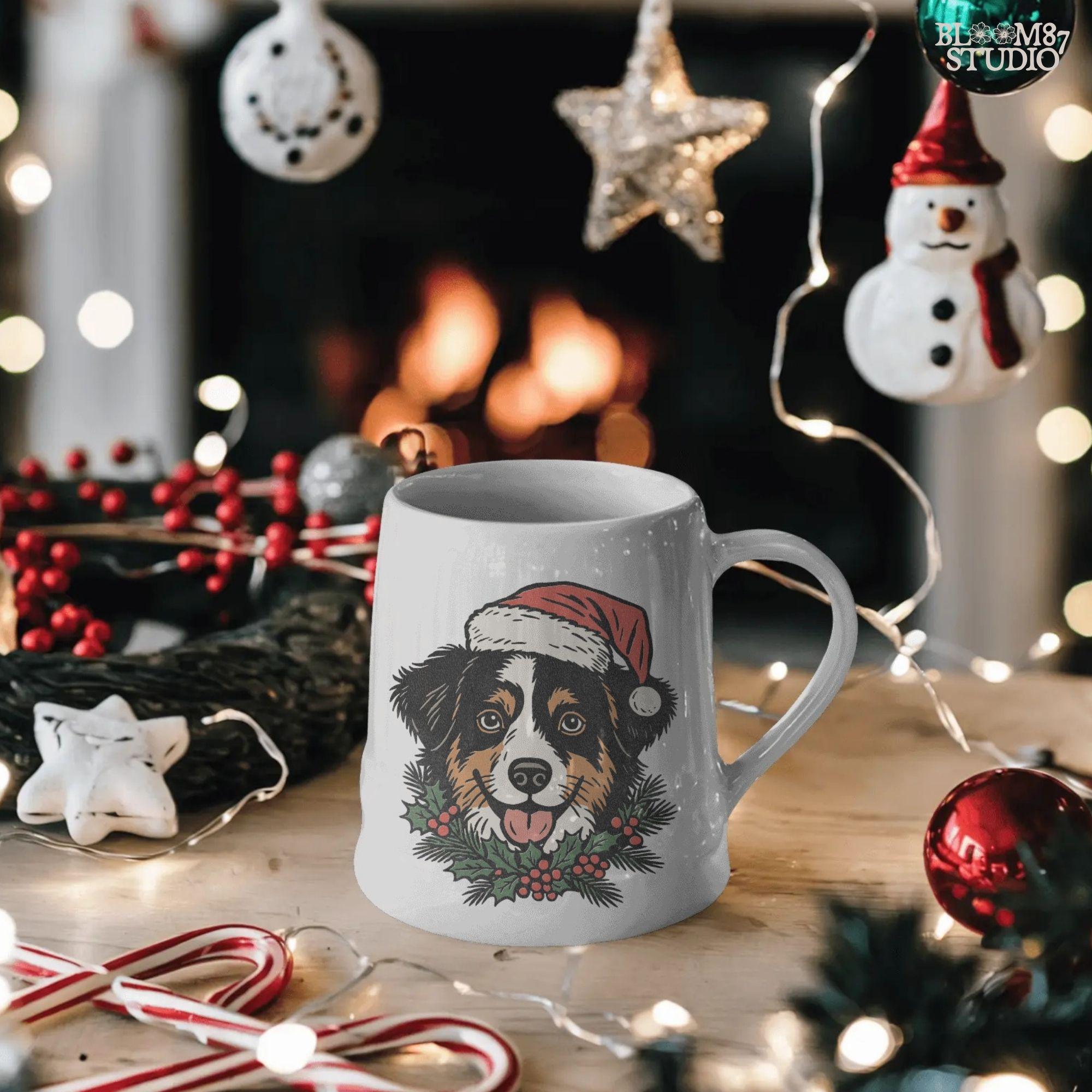 Solid Version: "Bernese Mountain Dog wearing Santa hat with holly leaves and red berries, festive Christmas PNG design for sublimation projects"
Distressed Version: "Vintage distressed PNG of Bernese Mountain Dog in Santa hat with holly accents, rustic holiday sublimation design for mugs, shirts, and crafts"