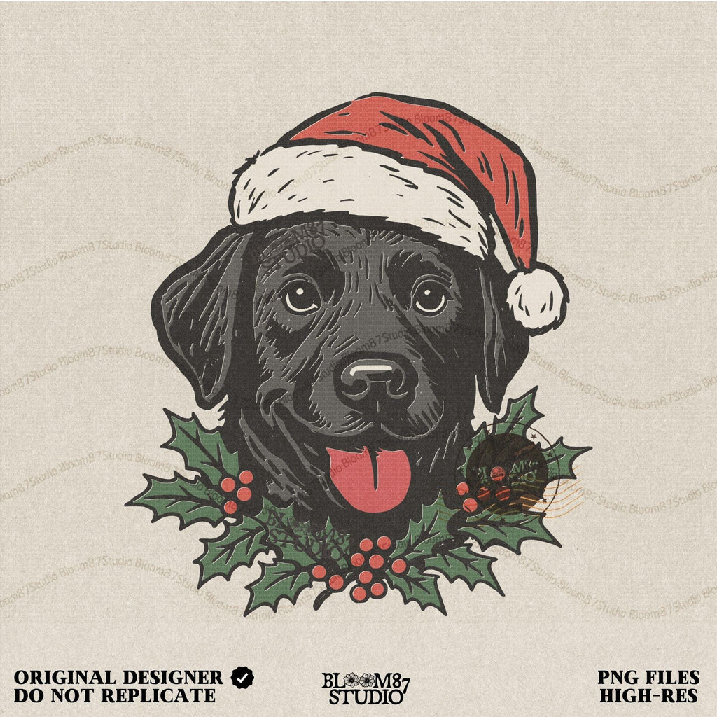 Solid Version: "Black Labrador dog wearing a Santa hat with holly leaves and berries under chin, festive PNG design for Christmas sublimation projects"
Distressed Version: "Vintage distressed PNG of Black Labrador in Santa hat with holly accents, rustic Christmas sublimation design for shirts, mugs, and crafts"