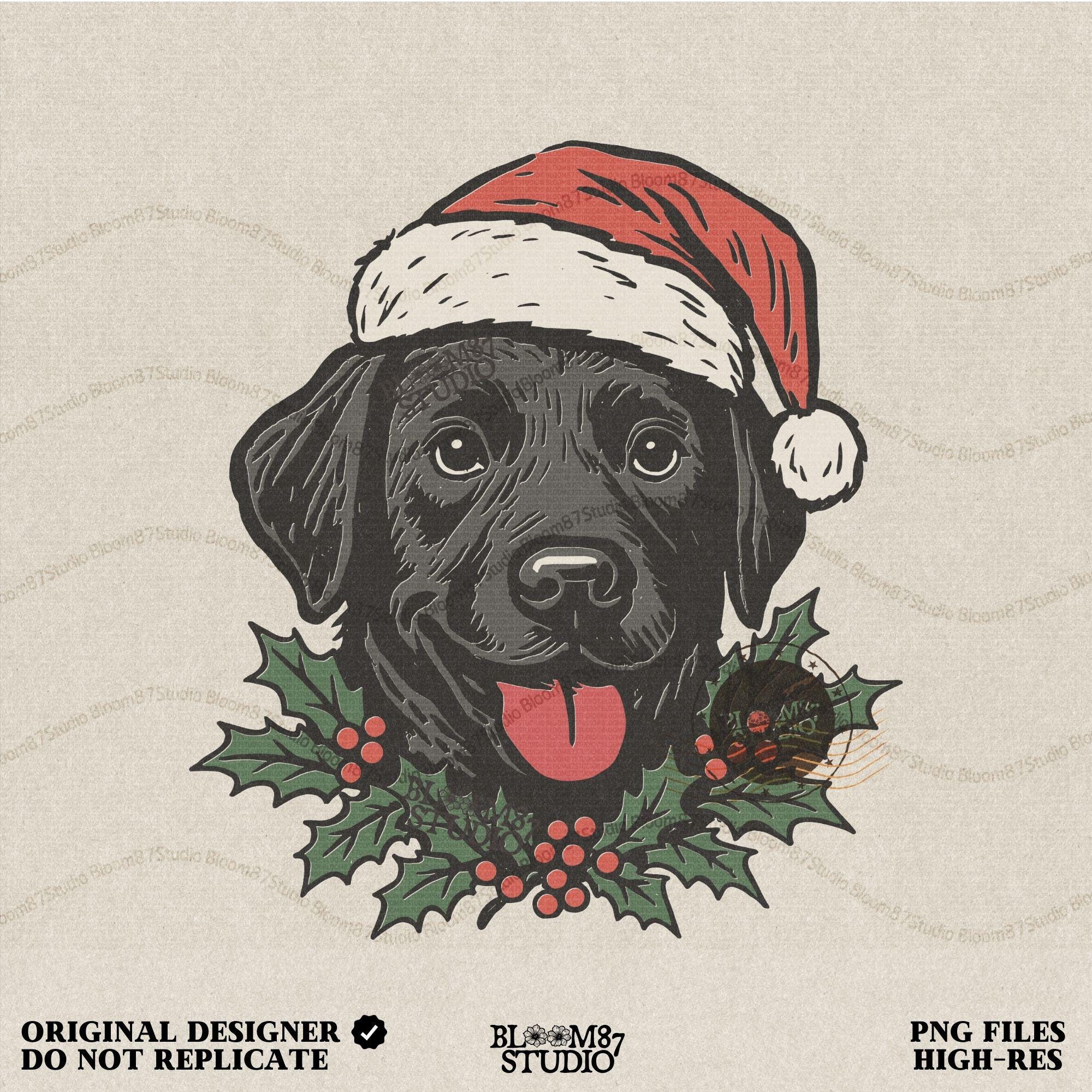Solid Version: "Black Labrador dog wearing a Santa hat with holly leaves and berries under chin, festive PNG design for Christmas sublimation projects"
Distressed Version: "Vintage distressed PNG of Black Labrador in Santa hat with holly accents, rustic Christmas sublimation design for shirts, mugs, and crafts"