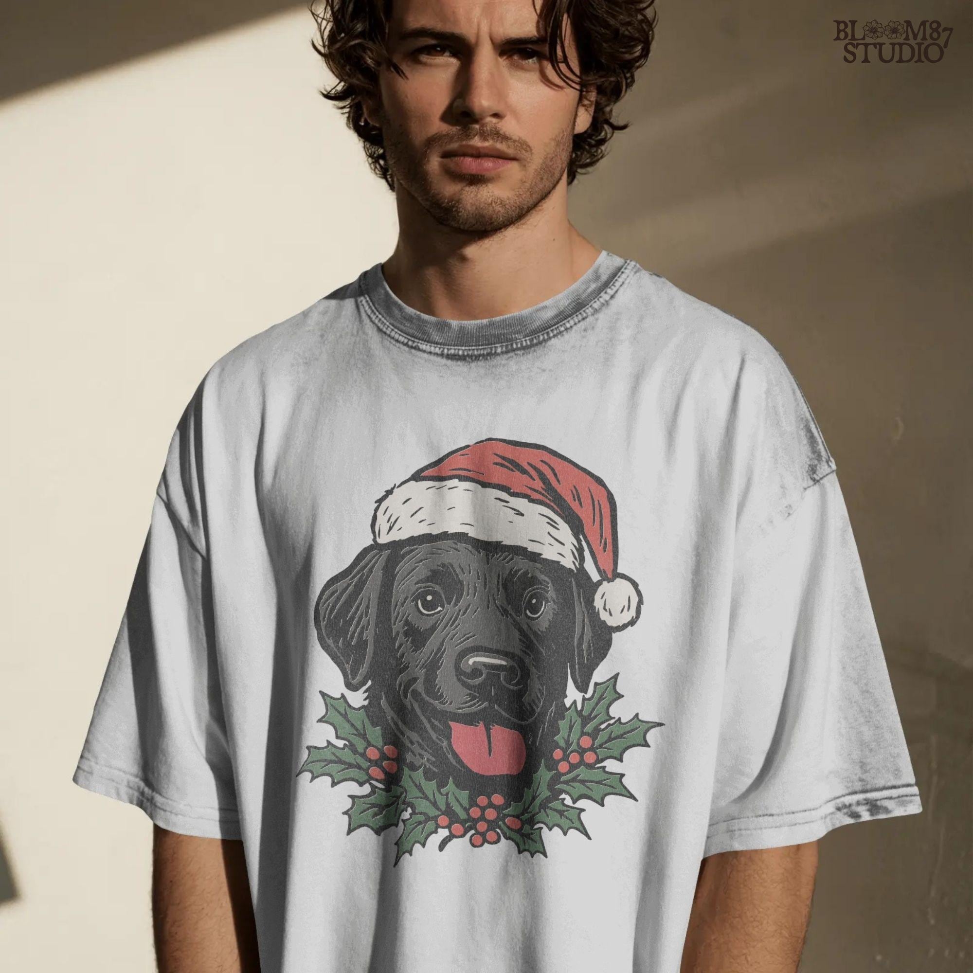 Solid Version: "Black Labrador dog wearing a Santa hat with holly leaves and berries under chin, festive PNG design for Christmas sublimation projects"
Distressed Version: "Vintage distressed PNG of Black Labrador in Santa hat with holly accents, rustic Christmas sublimation design for shirts, mugs, and crafts"