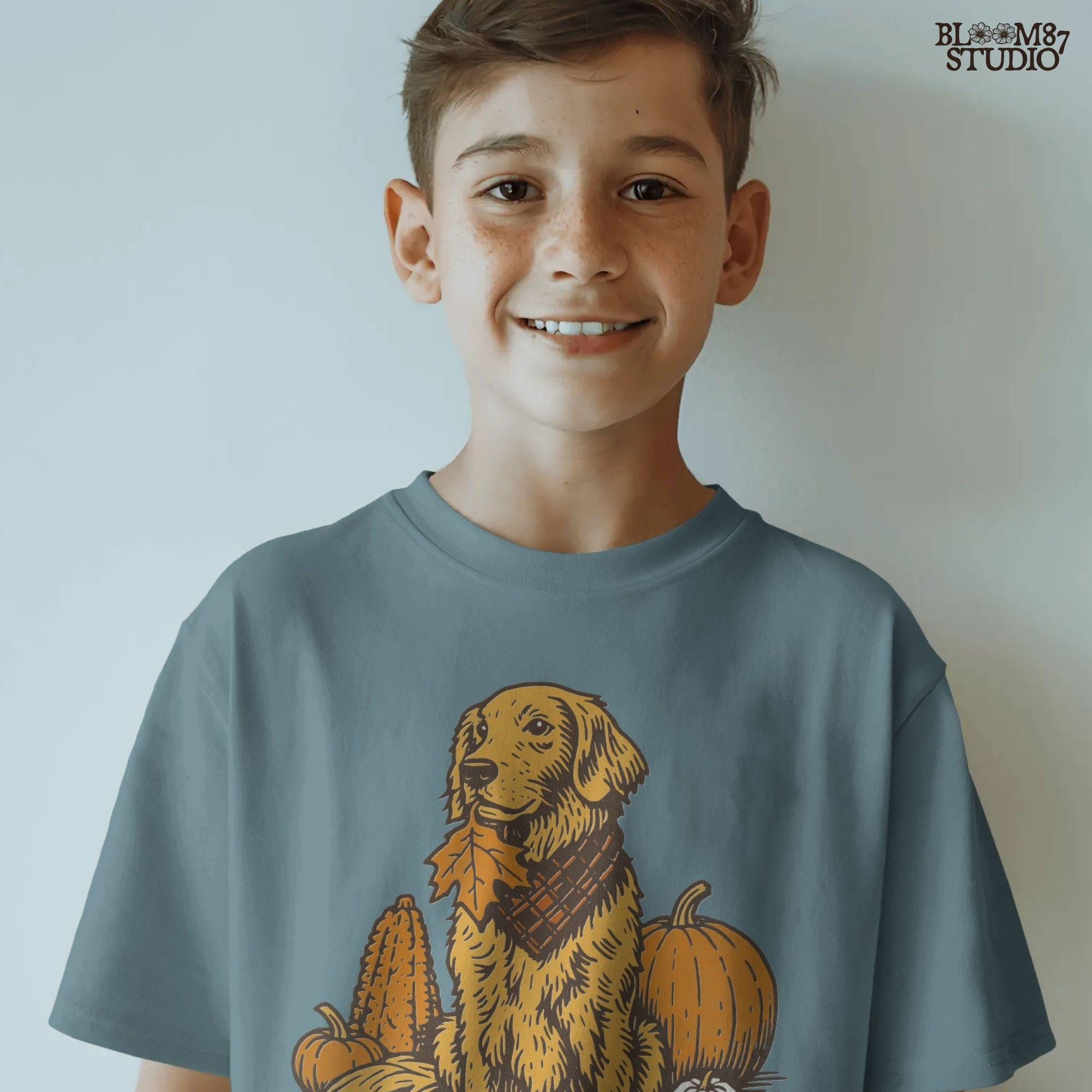 Illustration of a golden retriever dog with a scarf sitting among pumpkins, corn, and autumn leaves, perfect for fall sublimation and Thanksgiving décor designs