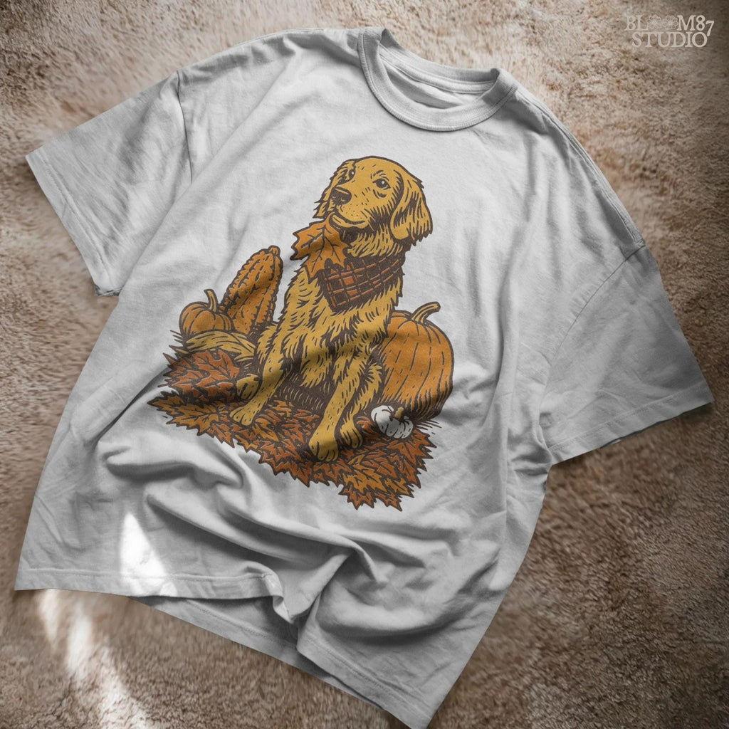 Illustration of a golden retriever dog with a scarf sitting among pumpkins, corn, and autumn leaves, perfect for fall sublimation and Thanksgiving décor designs