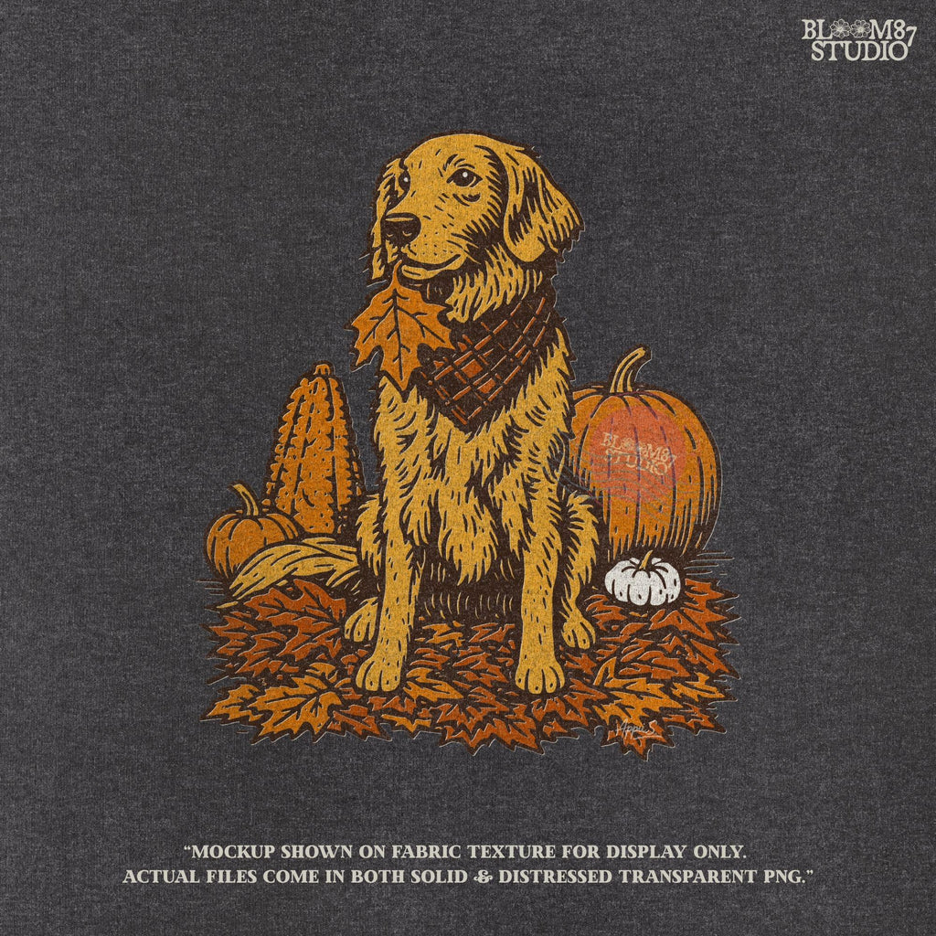 Illustration of a golden retriever dog with a scarf sitting among pumpkins, corn, and autumn leaves, perfect for fall sublimation and Thanksgiving décor designs